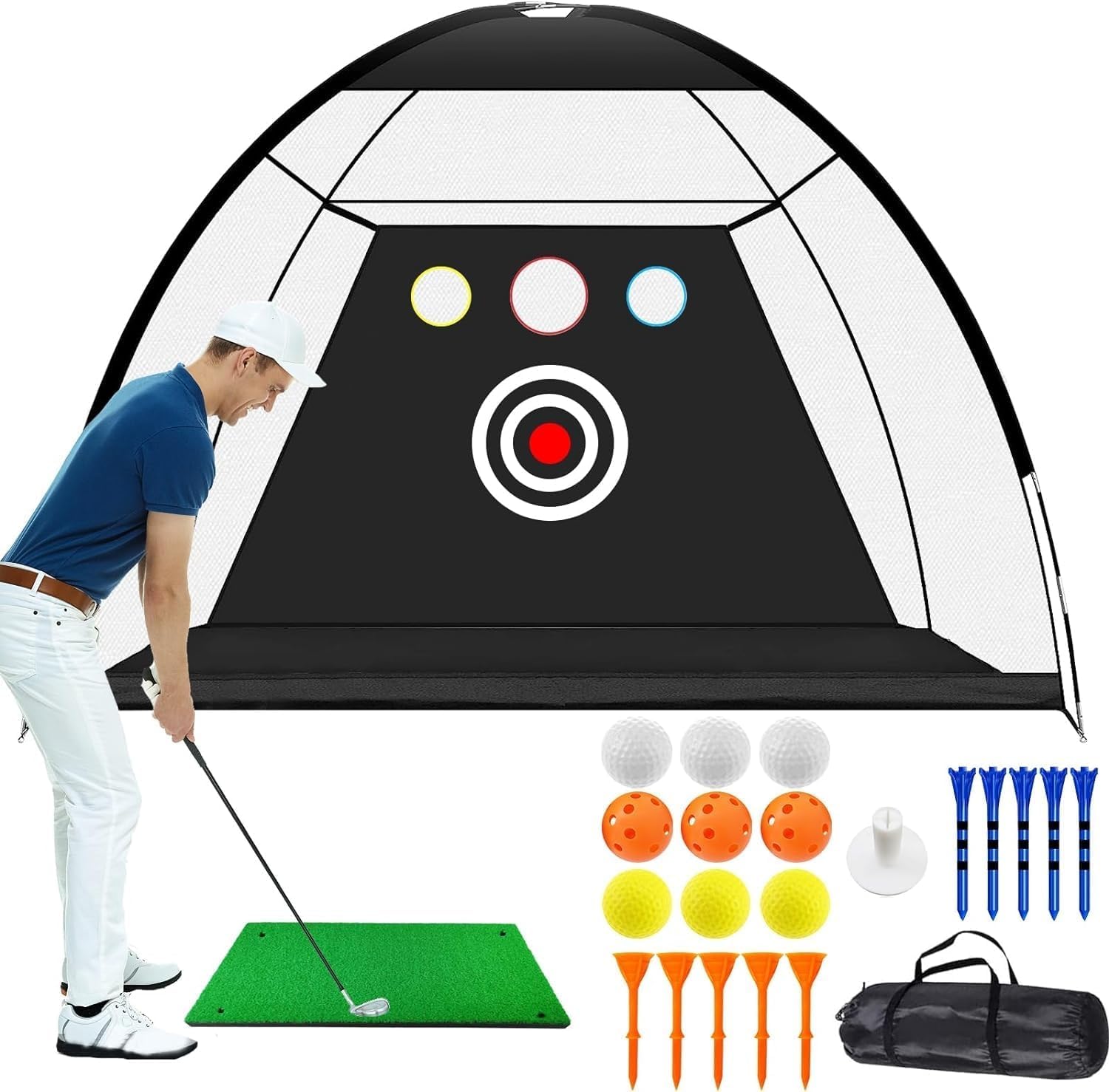 Golf Übungsnetz 3 m Chipping Netz Set Indoor Outdoor mit Golfmatte 10 Golf Übungsbälle 3 Tees Gummi, Training Golfnetz Driving Schlagnetz Faltbarer, Groß Hitting Practice Net