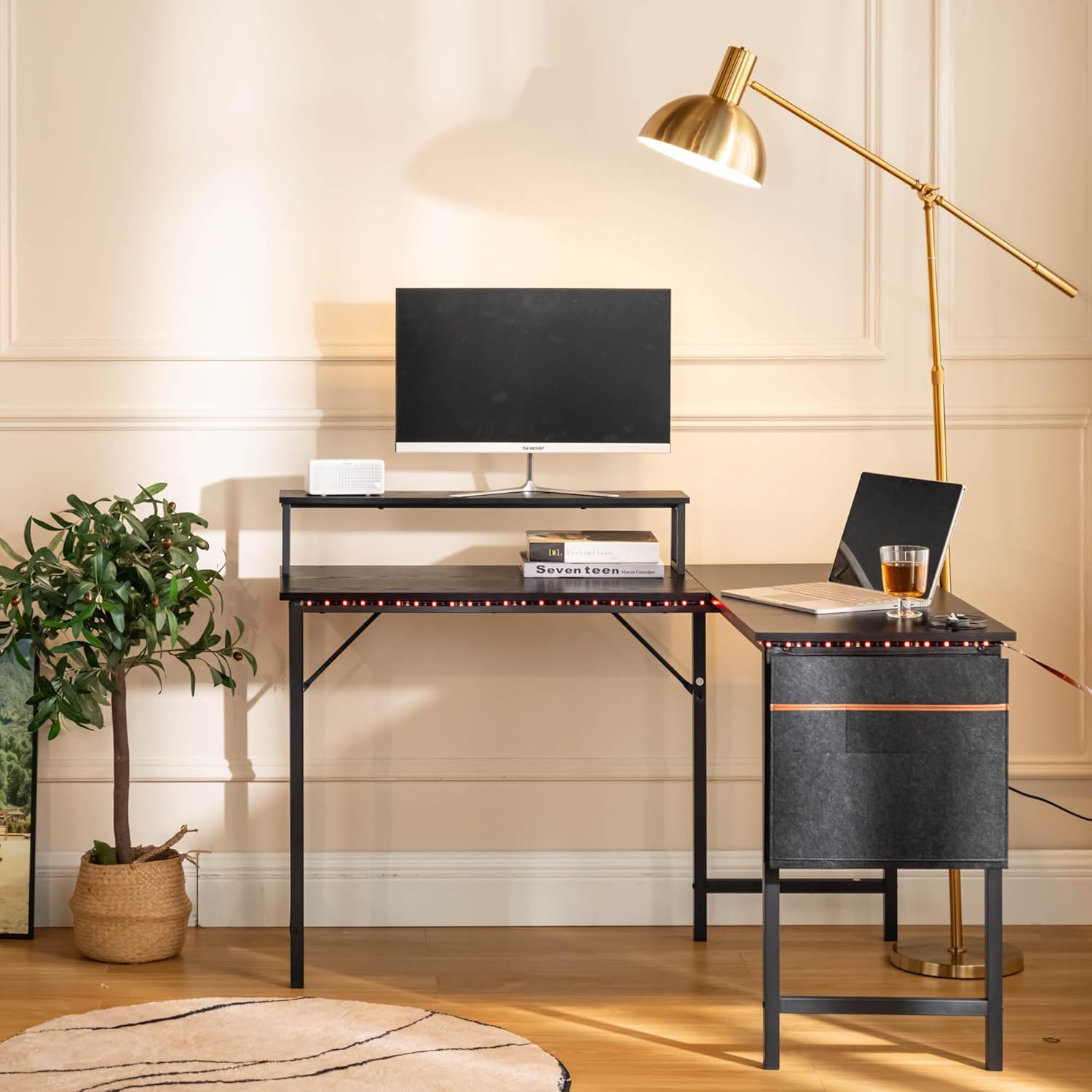 FurnitureR 48.8" L-Shaped Computer Desk with Storage Bag & Led Light – Spacious Laptop Workstation Featuring a Sturdy Metal Frame and Ample Storage Solutions, Ideal for Studio Home Office Use, Black