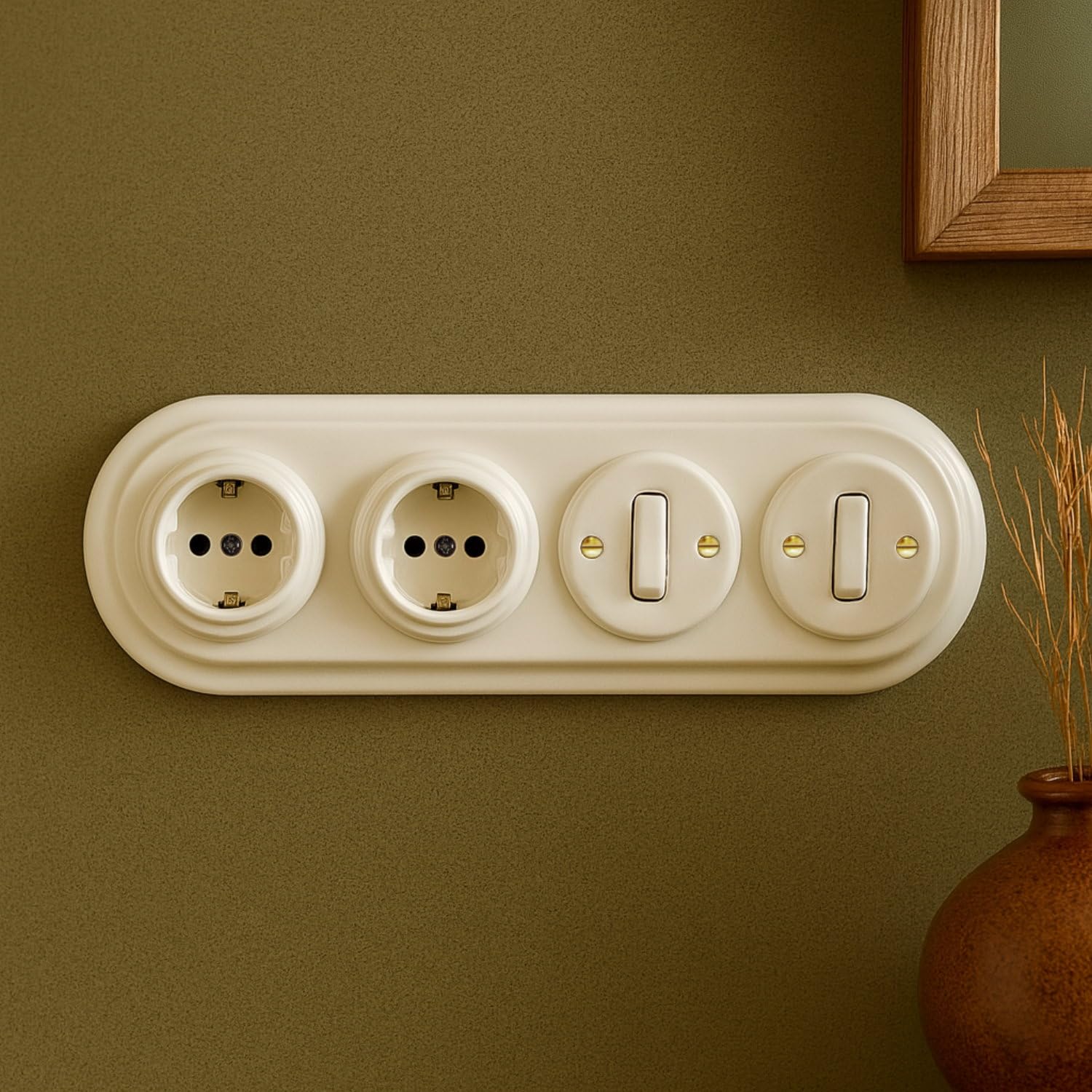 Unterputz Porzellan Retro Steckdose, Schalter, 4-fach, All-in-One, SET Serie PR1 weiß