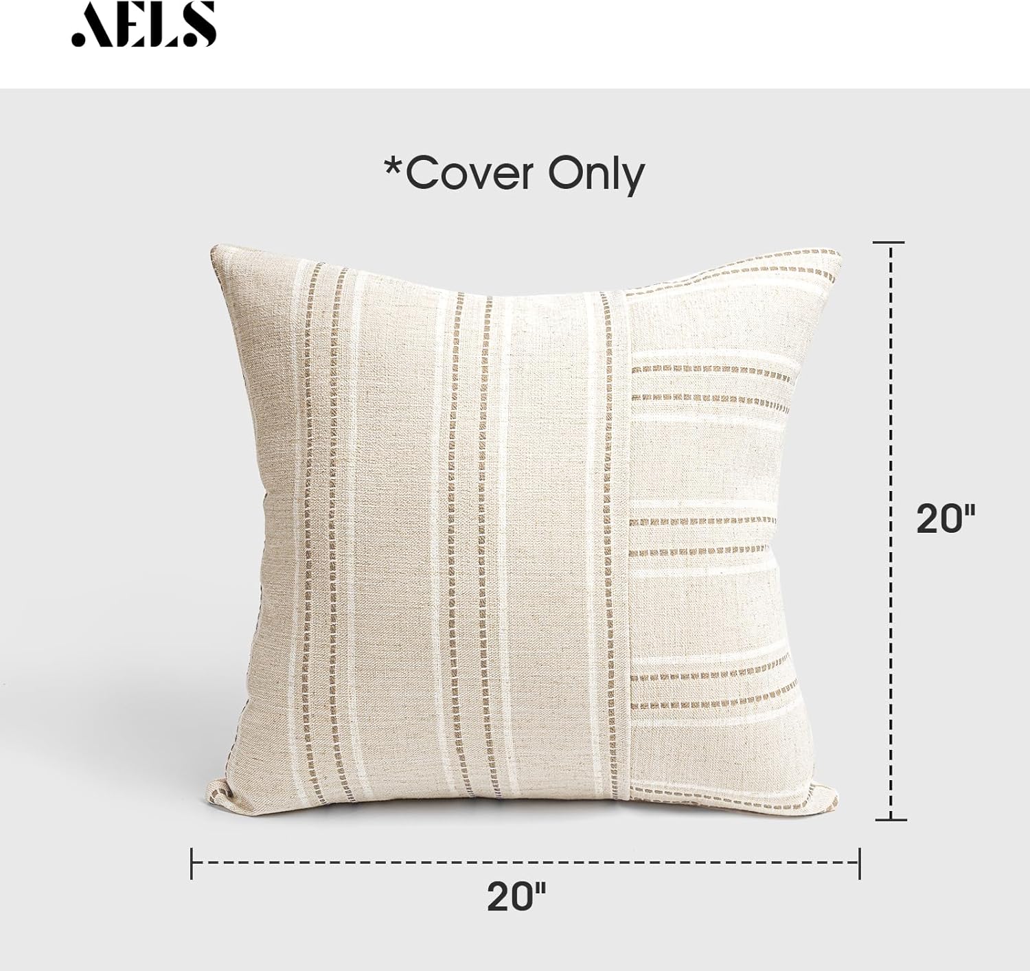AELS 20x20 Decorative Farmhouse Linen Throw Pillow Covers, Boho Textured Pillow Case, Set of 2, Beige with White & Brown Stripe Patchwork Cushion Cover for Sofa Couch Living Room (Cover ONLY) - Image 2