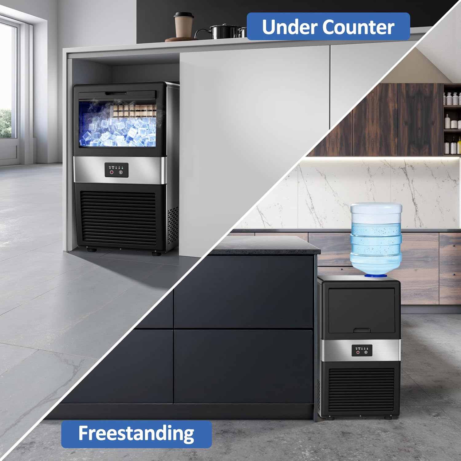 Image showing the ice maker placed both freestanding and under a counter.