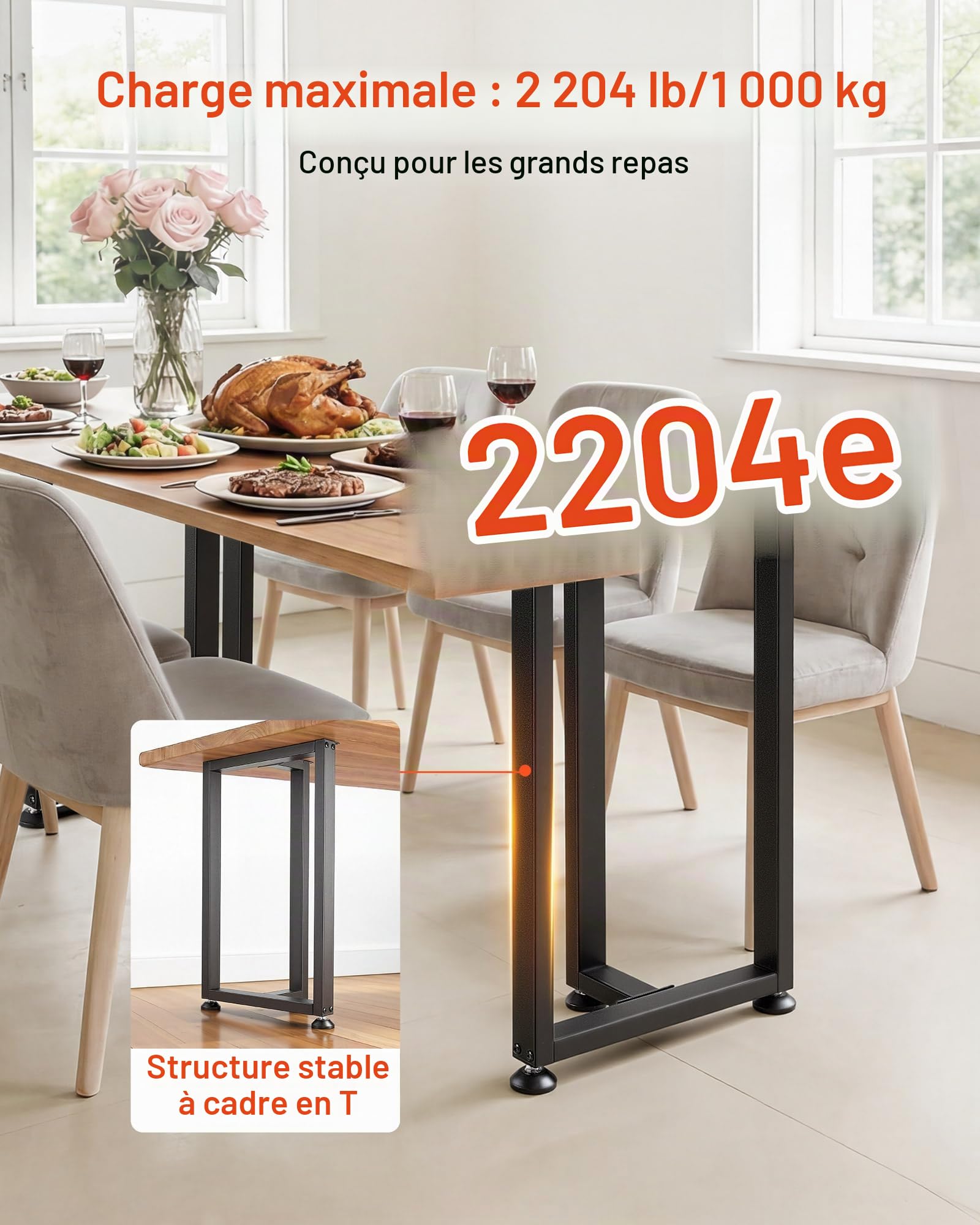 VEVOR Pieds de Table Rectangulaires en T 740x450 mm Lot de 2 Pieds de Bureau en Acier au Carbone, Charge Max. 1000 kg pour Bureau, Table à Manger, Établi, Plan de Travail et Table de Bar, Patins, Noir