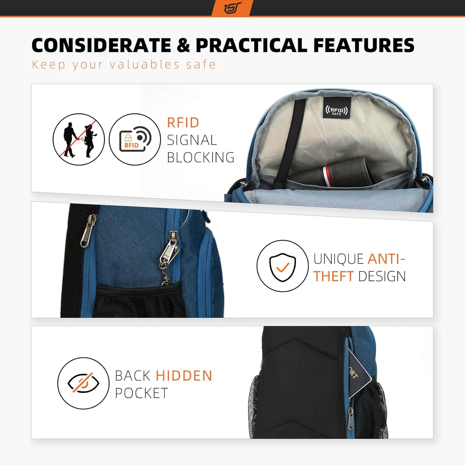 SKYSPER Sling Bag RFID Crossbody Sling Backpack Cross Body Shoulder Bag Travel Hiking Daypack for Women Men(Blue) - Image 3