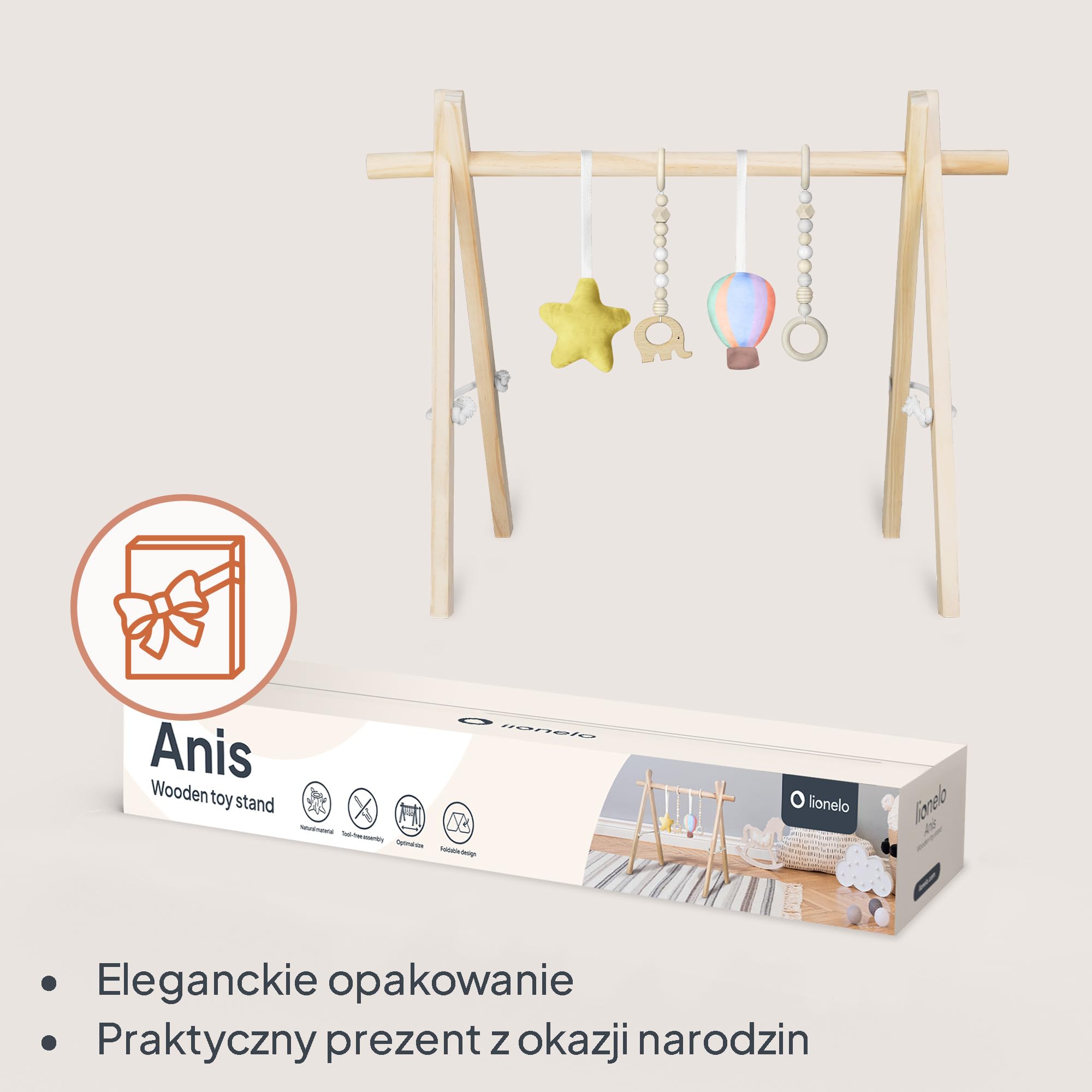 Lionelo Anis Pałąk Edukacyjny Drewniany Baby Gym Montessori, Składany dla Niemowląt, Odpinane Zawieszki, Wspiera Motorykę i Sensorykę, Gładko Szlifowany bez Ostrych Krawędzi, 65 x 45 x 45 cm, 1,2 kg