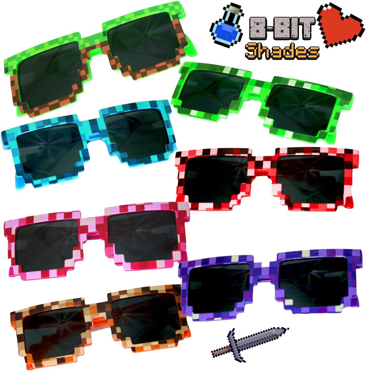 (8 Pack) Retro 8-Bit Pixel Pixelated Novelty Geek Gamer Miner Multi-Colored Shades Sunglasses - Great in Birthday Party Candy Favors Fillers Goody Loot Bags