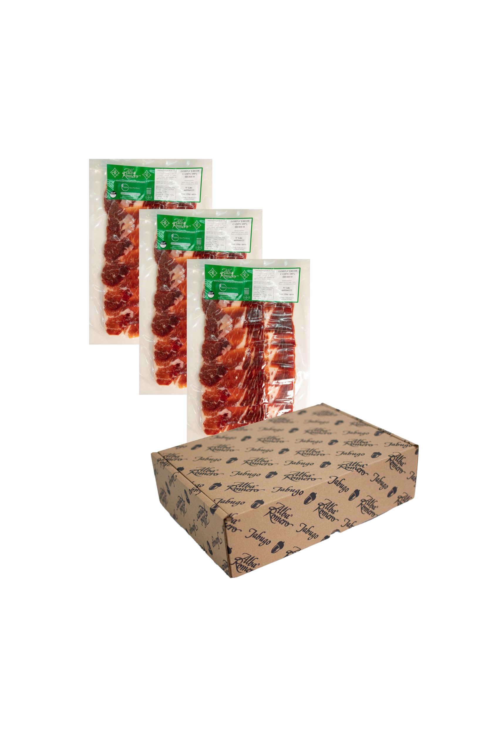 Jamón 100% Ibérico de Cebo de Campo loncheado y envasado al vacío | Lote de 15 sobres (80gr/ud) | Cortado a mano | ALBA ROMERO |