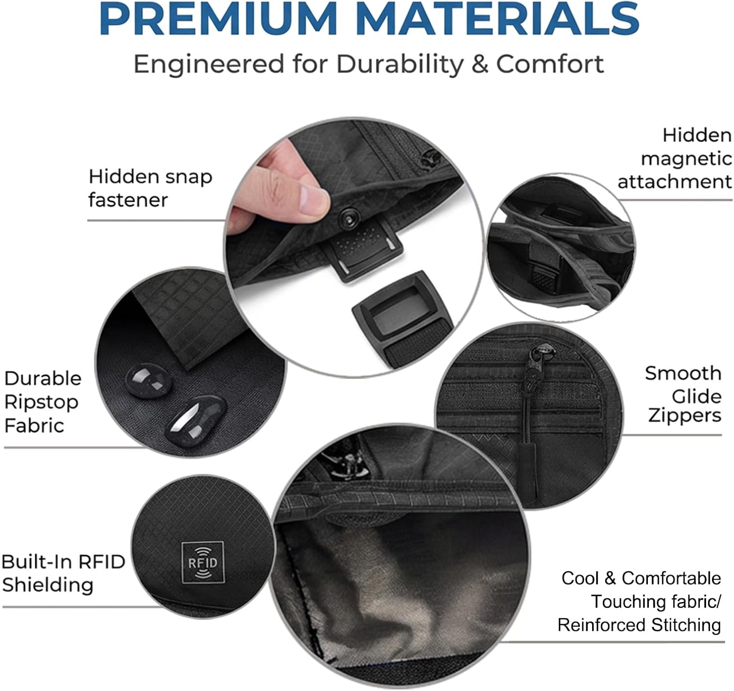 3-in-1 RFID Blocking Money Belt for Travel, Anti- Eletronic Theft Travel Fanny Pack with Adjustable Strap, Lightweight Neck Wallet for Passport, Credit Cards, Phone, and Cash–for Men & Women（Black）