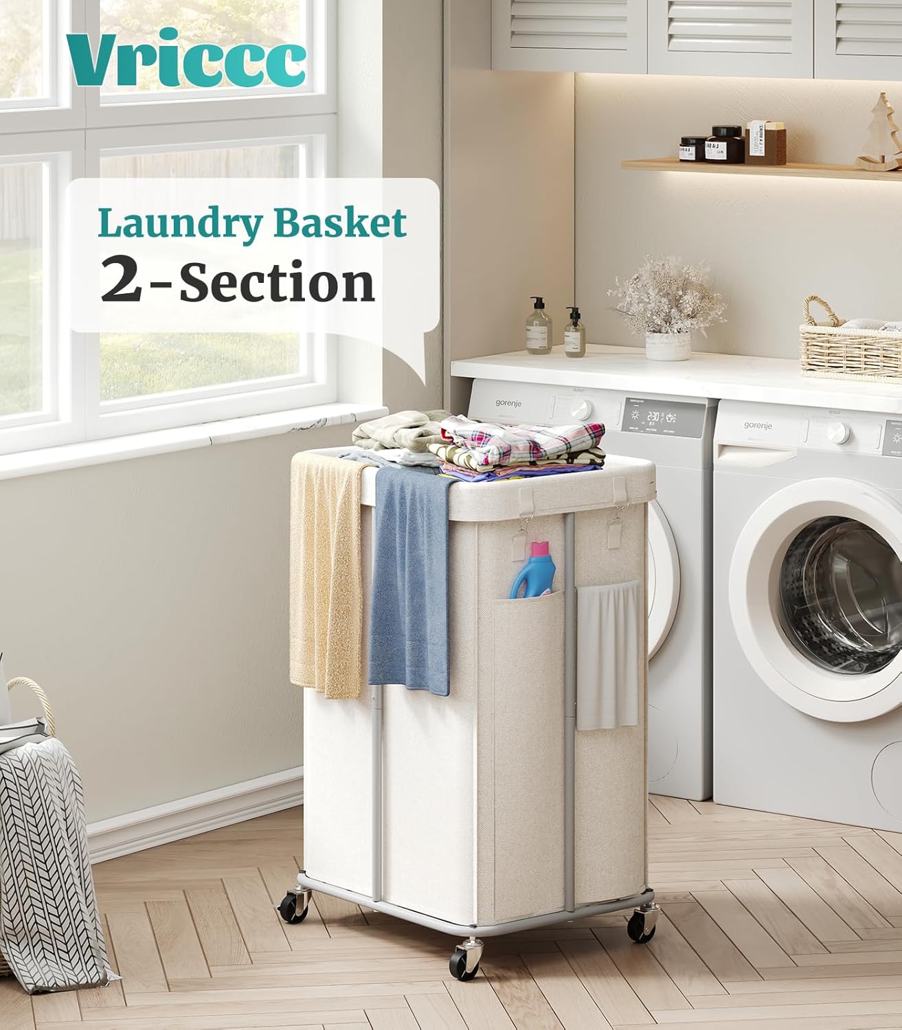 155L Laundry Hamper with Wheels, Rolling Laundry Basket with Metal Frame and Removable Bag, Double Laundry Hamper 2 Section, Large & Tall Dirty Clothes Hampers for Bedroom Aesthetic, Laundry Room