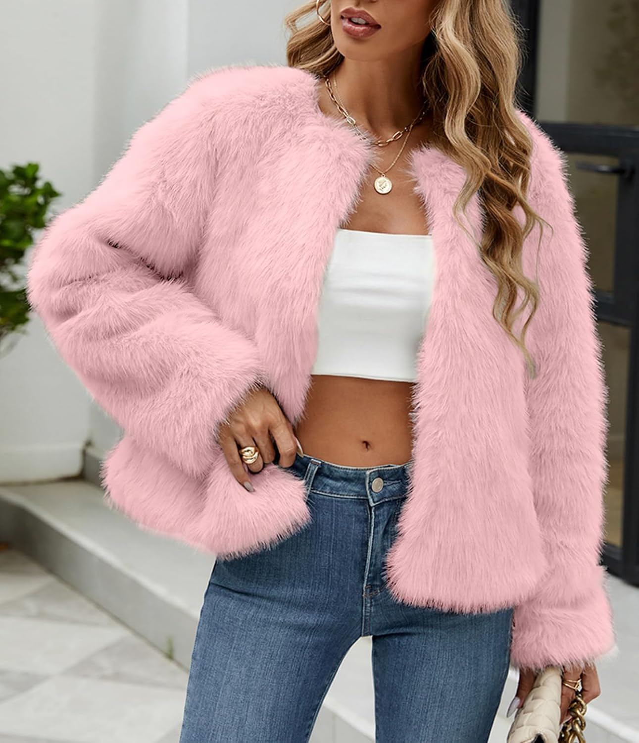 Simplee Women's Faux Fur Coat Furry Cropped Jacket Long Sleeve Warm Open Front Fur Jackets - Image 3