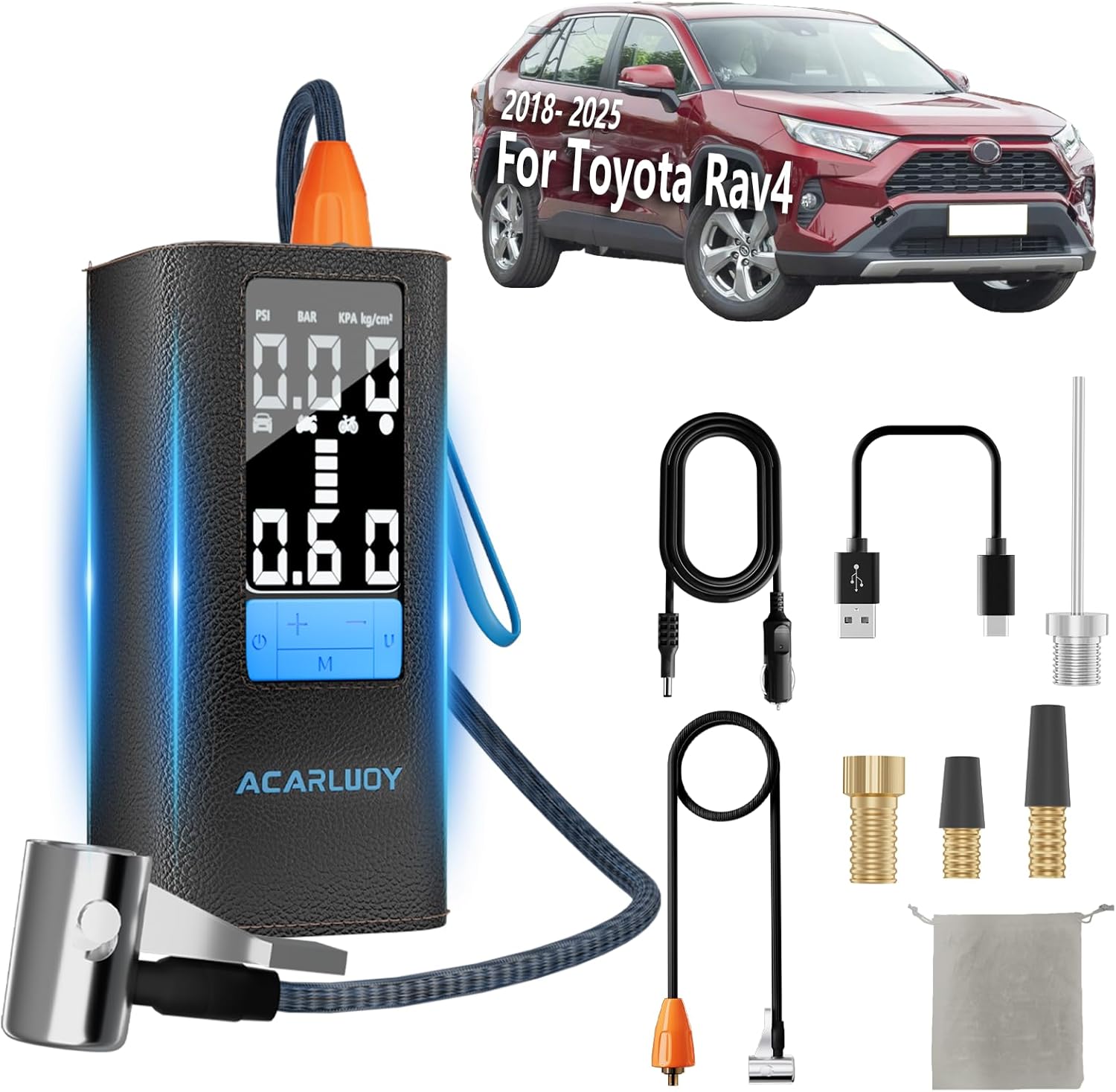 Tire Inflator Portable Air Compressor, Fit for Toyota RAV4 (2018-2025), 6000mAh Cordless Air Pump with 3X Fast Inflation, Auto-Shutoff & LCD Display