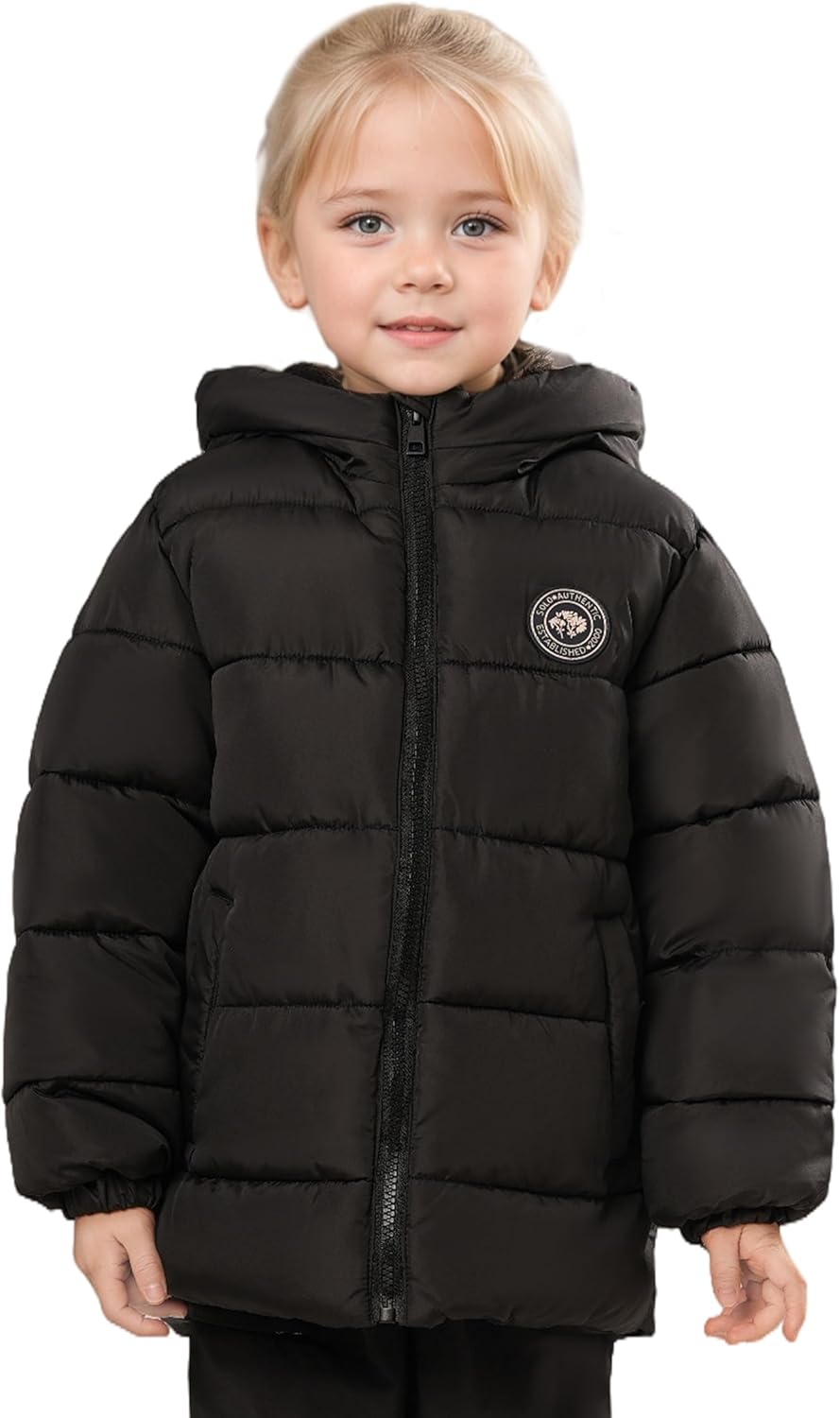 SOLOCOTE Toddler Girls Winter Coat Water Resistant Faux Down Filling Hooded Fleece Lined Little Kids Puffy Jacket
