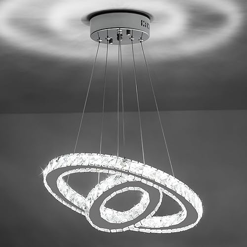 Sunny Hawaii Candelabro LED de cristal, moderna lámpara de techo con 2 anillos para colgar, ajustable, lámpara colgante de acero inoxidable blanco