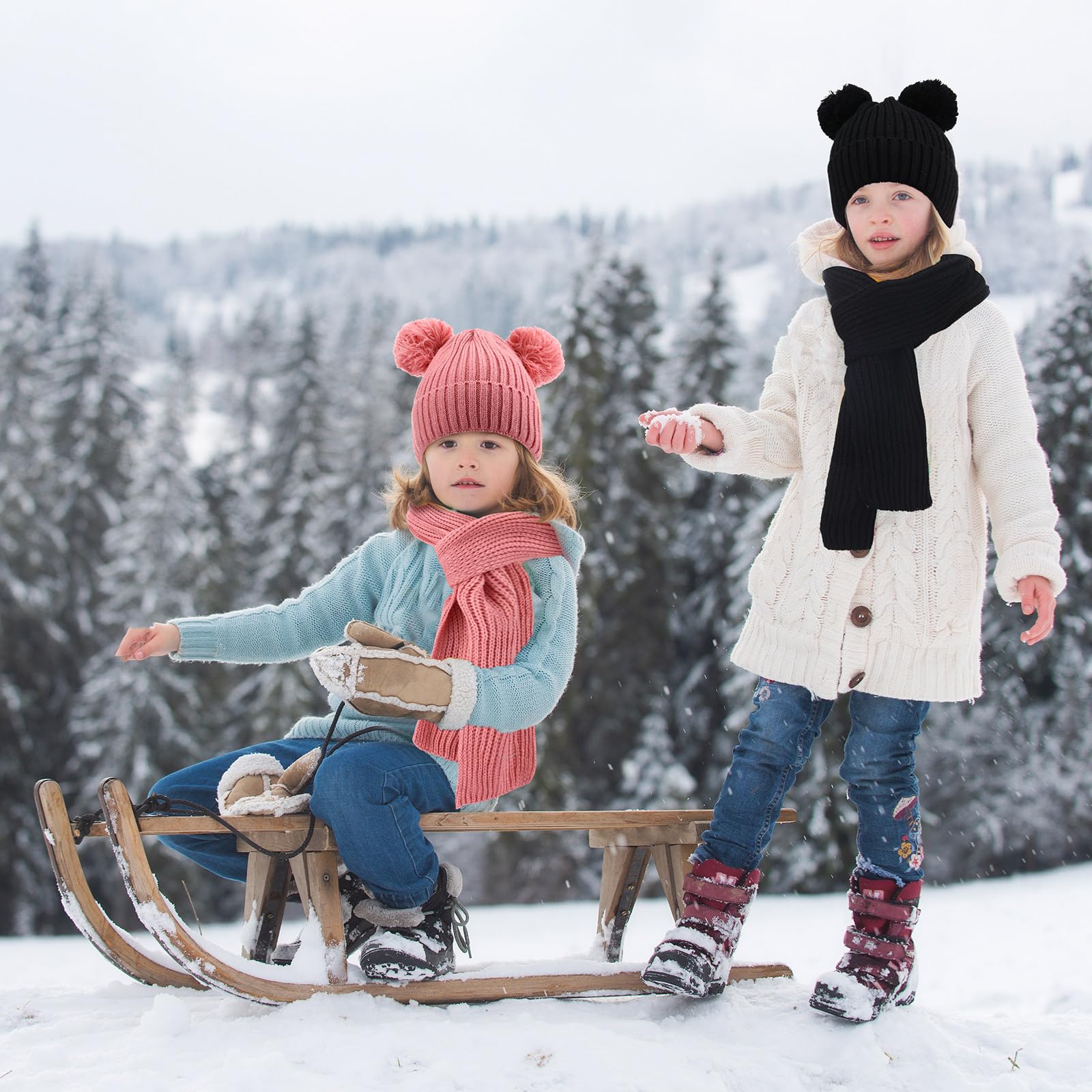 Geyoga - 12 Stück Kinder-Winterhandschuhe 1–6 Jahre alte Jungen Mädchen Strickmütze mit Pompons Nackenwärmer