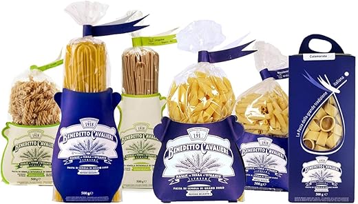 PASTA CAVALIERI Squid Tasting Box, Bucatini, Maccheroni, Striped Durum Wheat Semolina Pens - LINGUINE, Organic Whole Semolina Fusillas - Handmade Product Made in Salento (6 x 500 g)