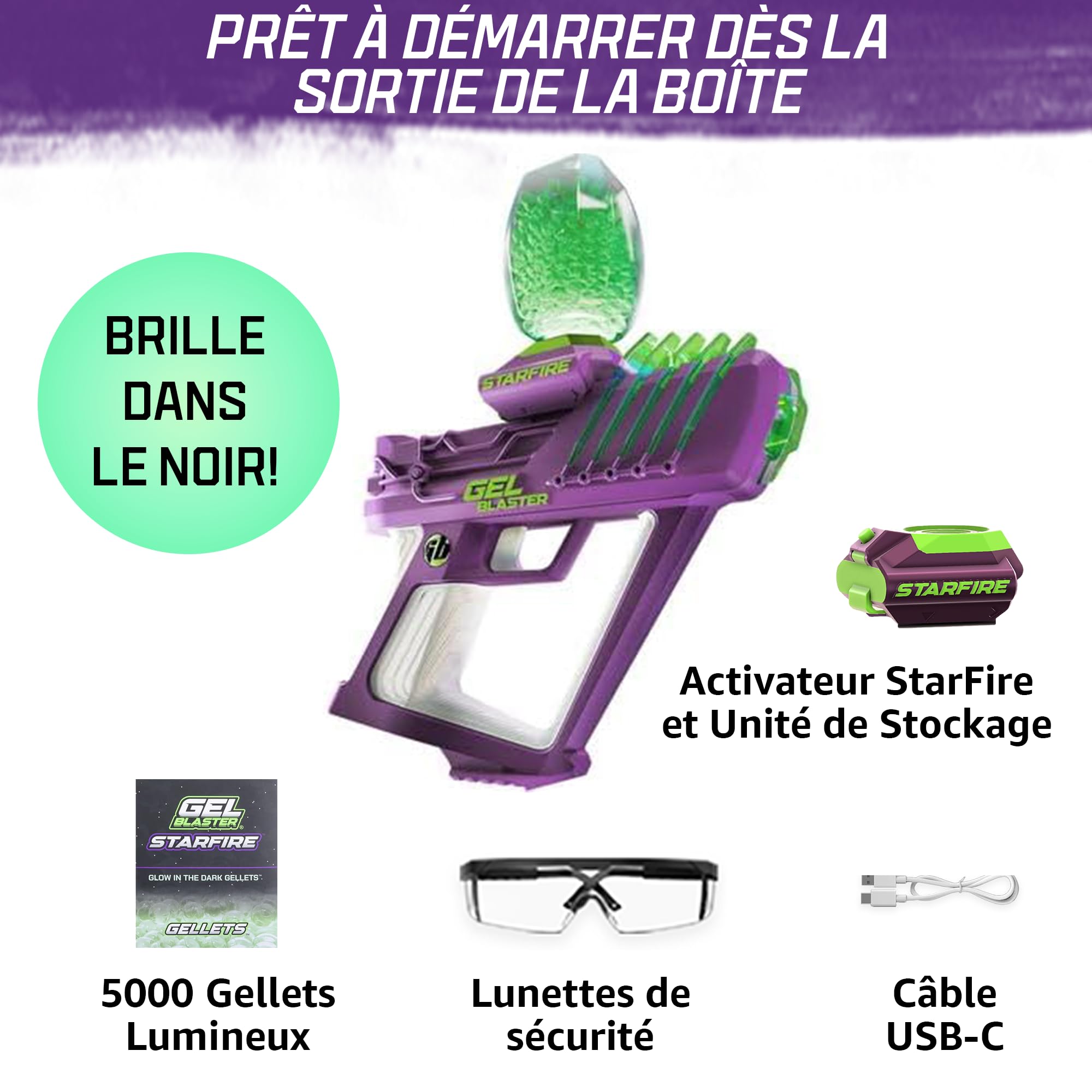 Gel Blaster Surge Starfire - Brille dans Le Noir, Semi/Auto, 30m, 14+ | Munitions Starfire lumineuses, canons interchangeables, batterie USB-C (4h), inclus lunettes.