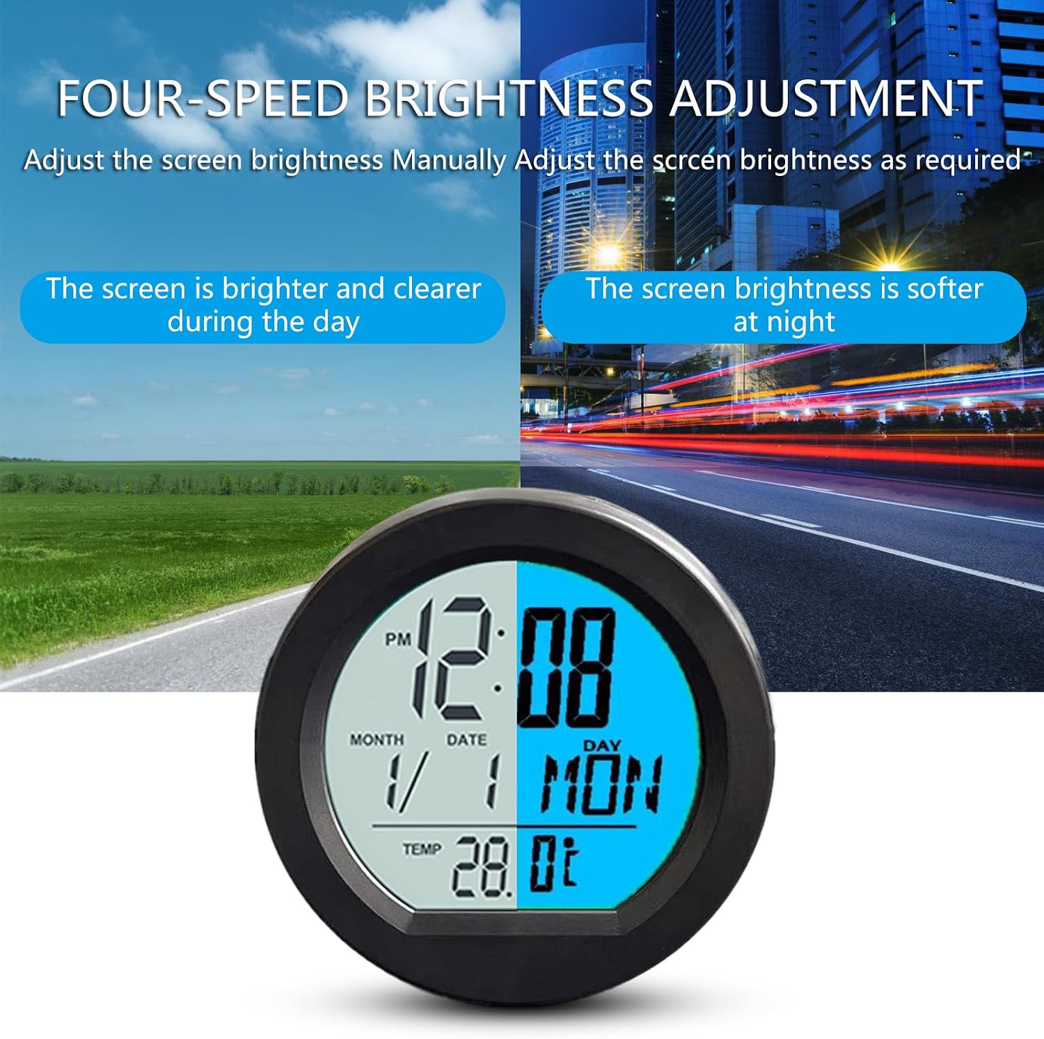 Rulbelok Car Backlit Clock Solar Power Date Week Digital Adhesive with Temperature Display Interior