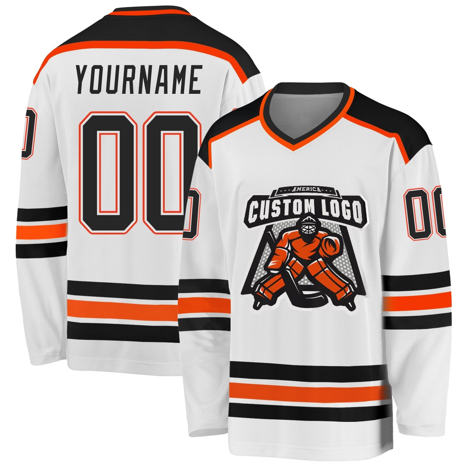 Custom Name Number White Black-Orange Hockey Jersey, Personalized Team V-Neck Sports Hockey Jersey for Men Women Youth
