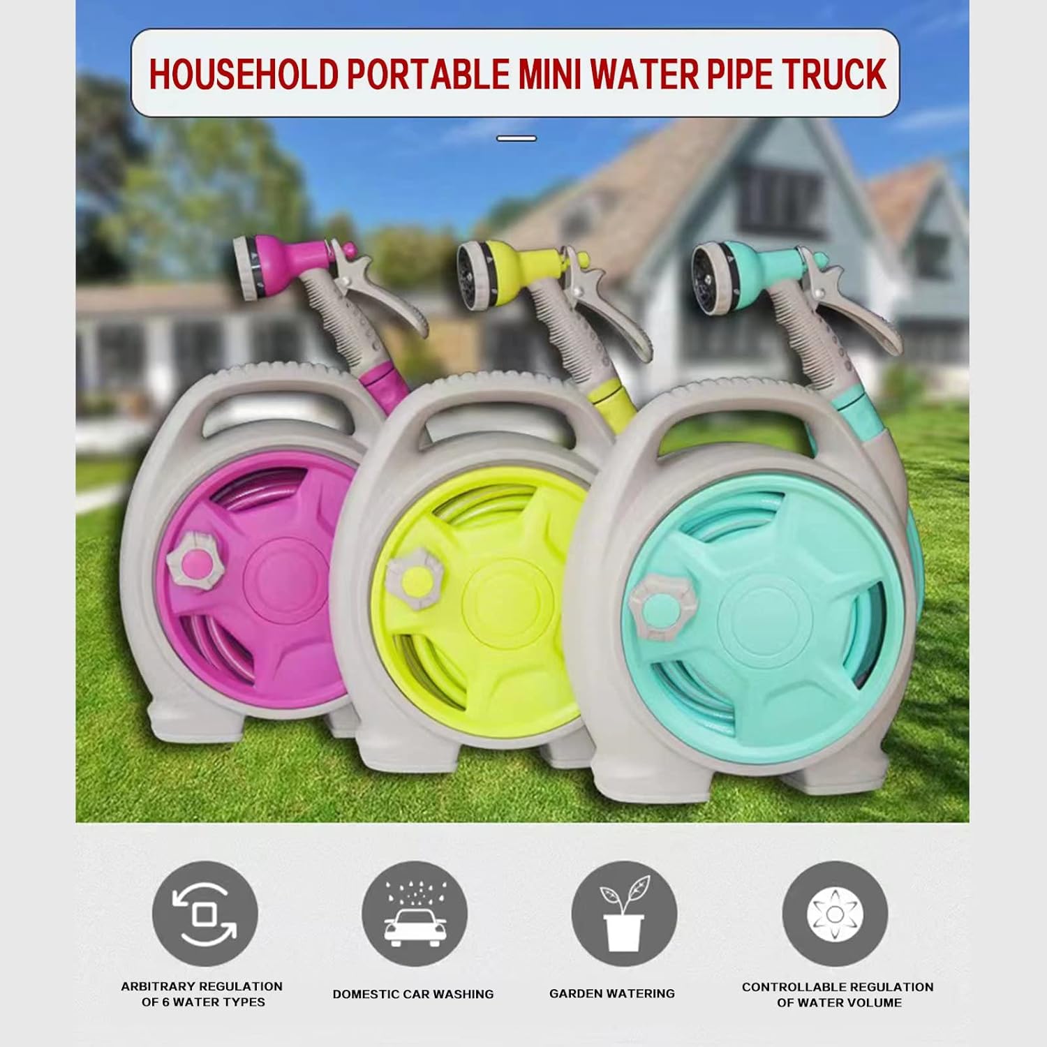 Garden Hose Reel, 50ft, Pink, 6 Function Sprinkler Hose, Portable, Hand Crank Storage Cart