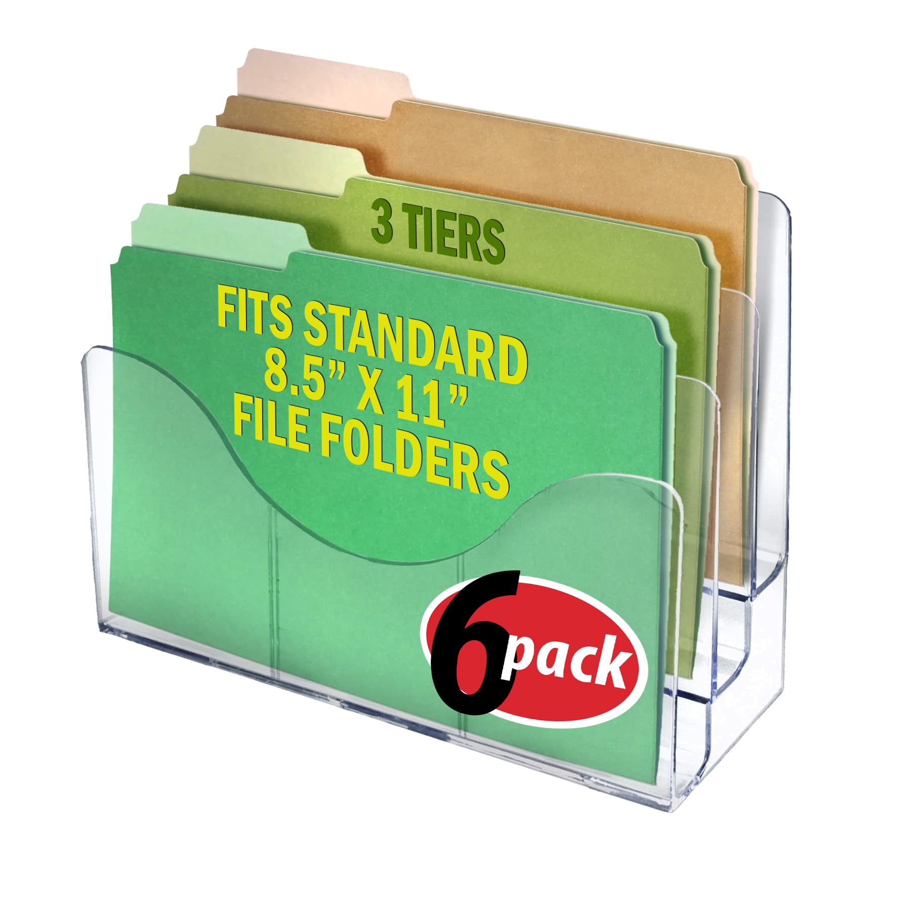 Azar Displays 250099-6PK Three Tier File and Brochure Desktop Wall Organizer Holder with Dividers brochure display stand acrylic file holder, Clear , 6-Pack