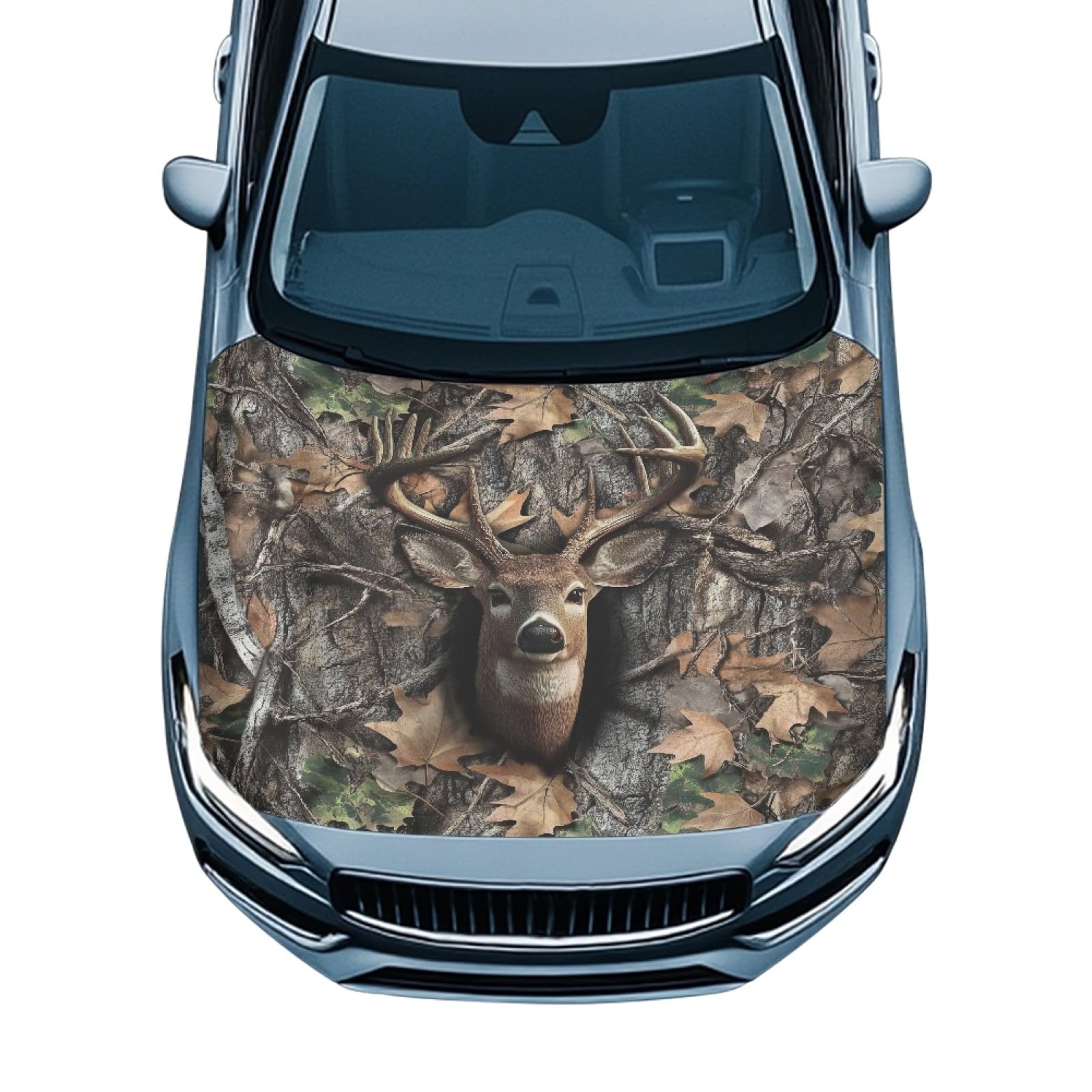 Camo Hunting Deer Car Hood Cover Protector Breathable Elastic Fabrics All-Season Protection Auto Hood Decoration and Protection for Most Sedans Small SUV Truck