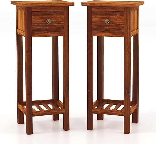 Miniatura 21 de Giantex Juego de 2 mesas auxiliares altas, mesa auxiliar estrecha con cajón y estante, mesita de noche de madera de acacia para sala de estar, Negro