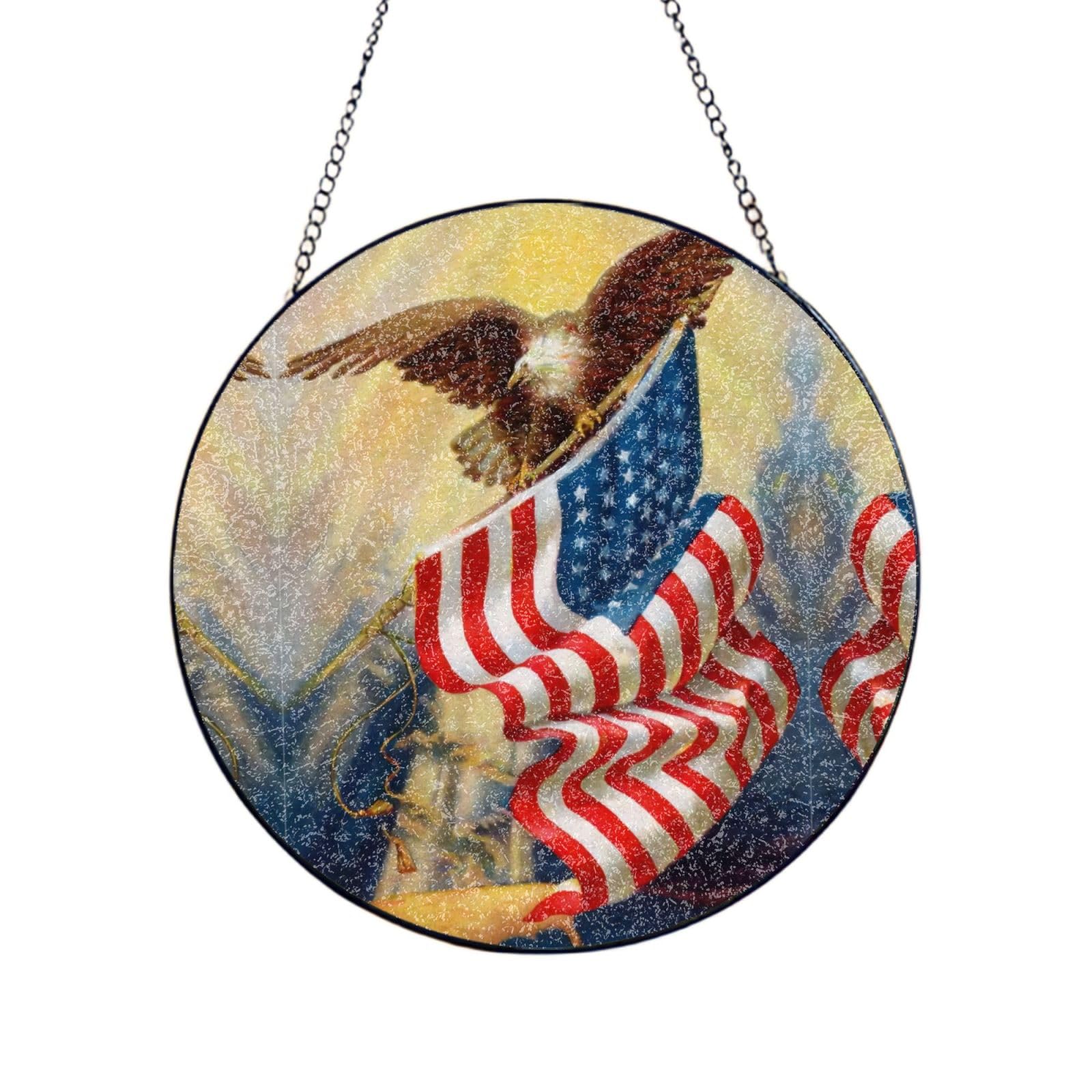 Phayah American Usa Flag Eagle Art Print Glass Window Hanging Sun Catchers Suncatcher Decor For Birthday For Home Garden Porch 12in（30cm）
