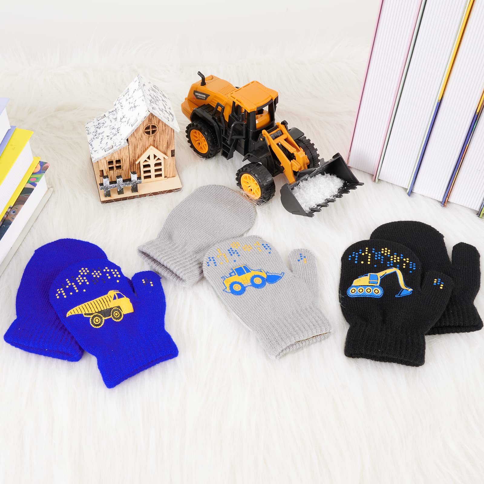 WAWSAM 3 Pares de Guantes de Invierno Para Niños Pequeños Mitones de Punto Elásticos para Niños Guantes de Esquí para Bebés Guantes a Rayas para Niñas y Niños Guantes de Invierno de Camión