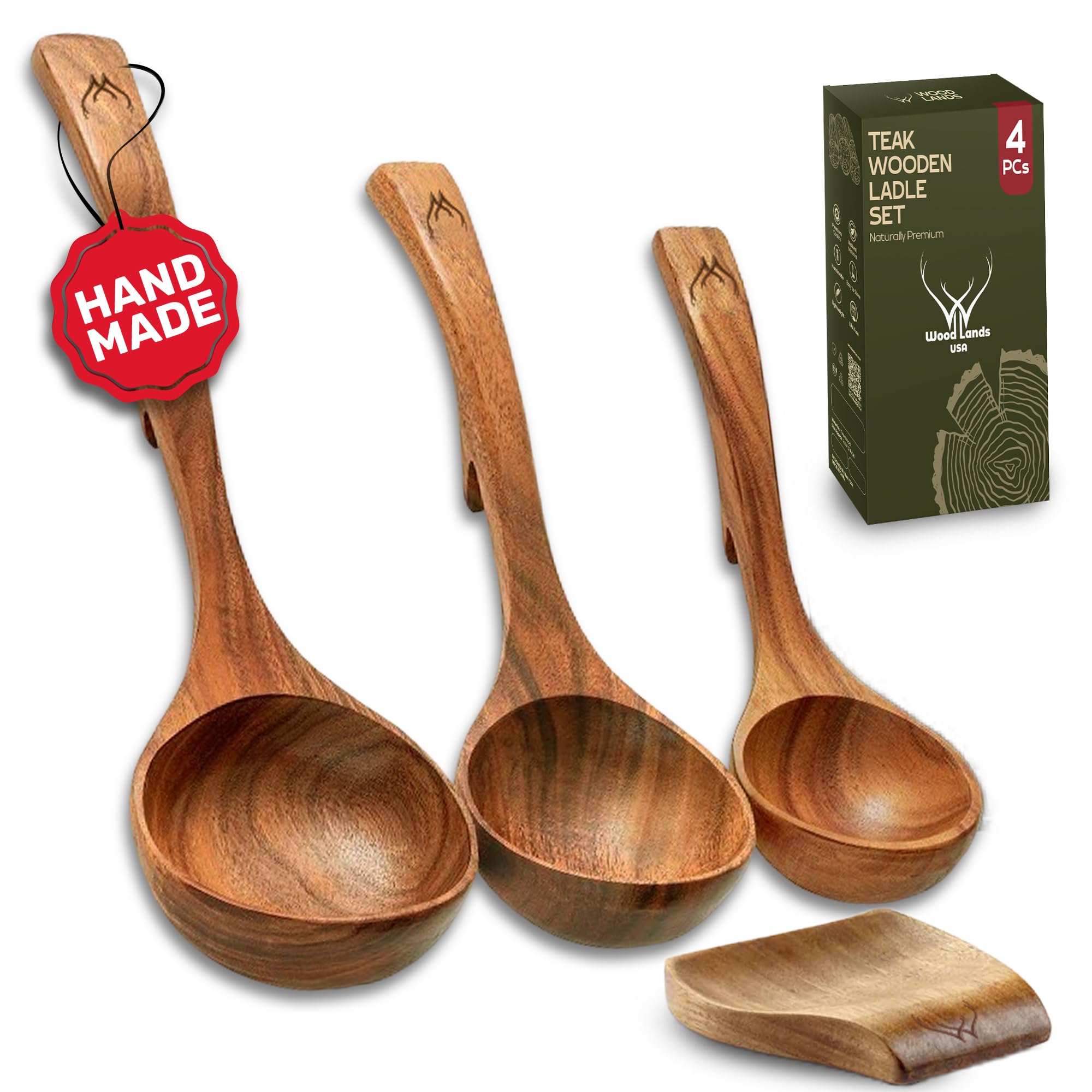 Teak Wooden Ladle Set - Soup Ladle with Spoon Rest -1 Teak Wooden Ladle Set - Soup Ladle with Spoon Rest -1