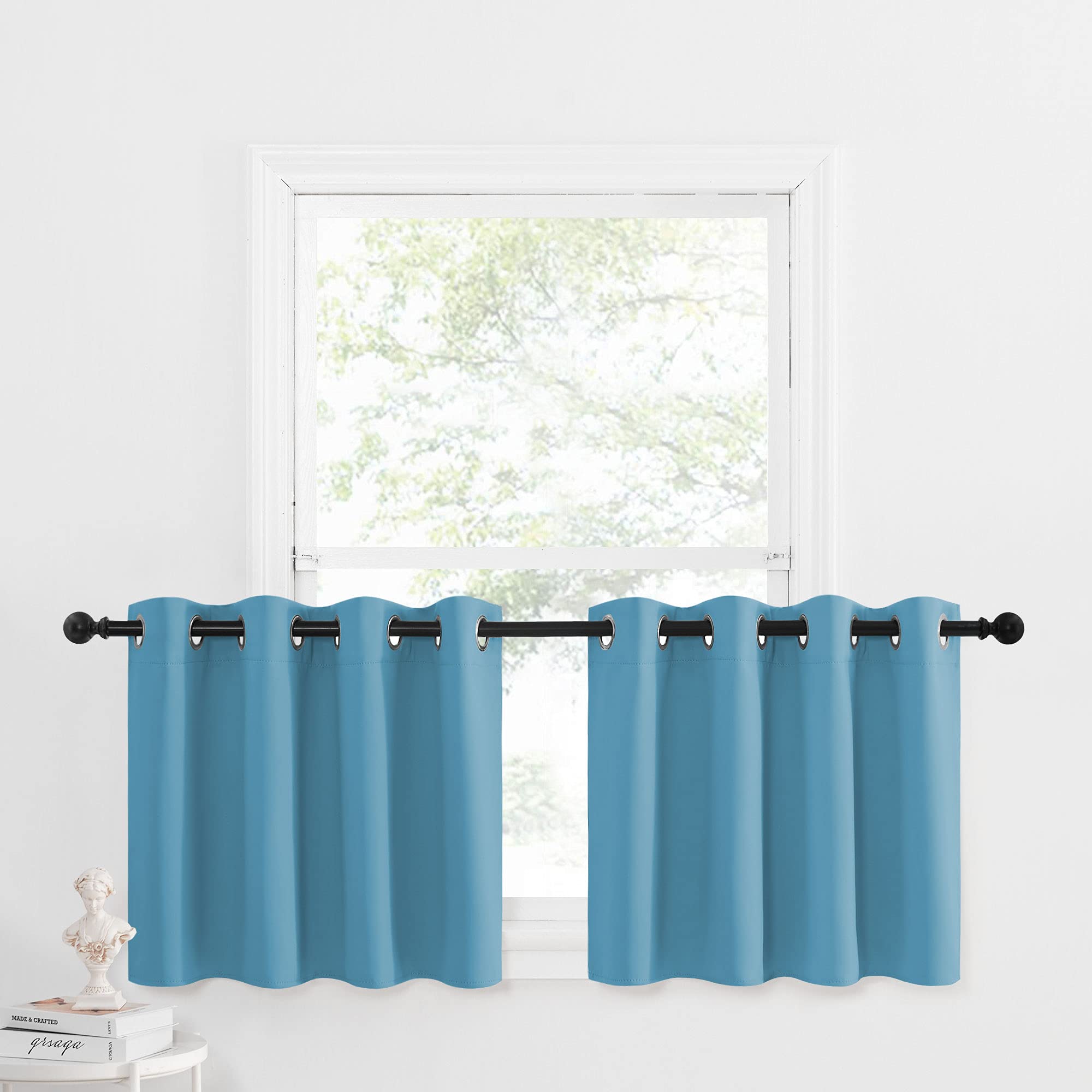 NICETOWN Insulated Blackout Window Draperies - Energy Efficient Home Decor Grommet-Top Curtains for Bedroom (52 by 24 + 1.2 inches Header, Teal Blue=Light Blue, 2 Panels per Package)