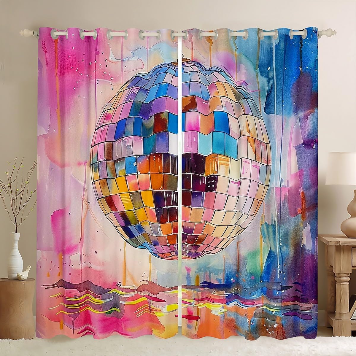 Erosebridal 2 Panels,38"x45" Disco Ball Curtain,Pink Girly Trendy Disco 100% Blackout Window Curtains Kids Boys Girls Watercolor Art 80S 90S Party Decor Curtains Drapes,Hippie Ombre Window Treatments