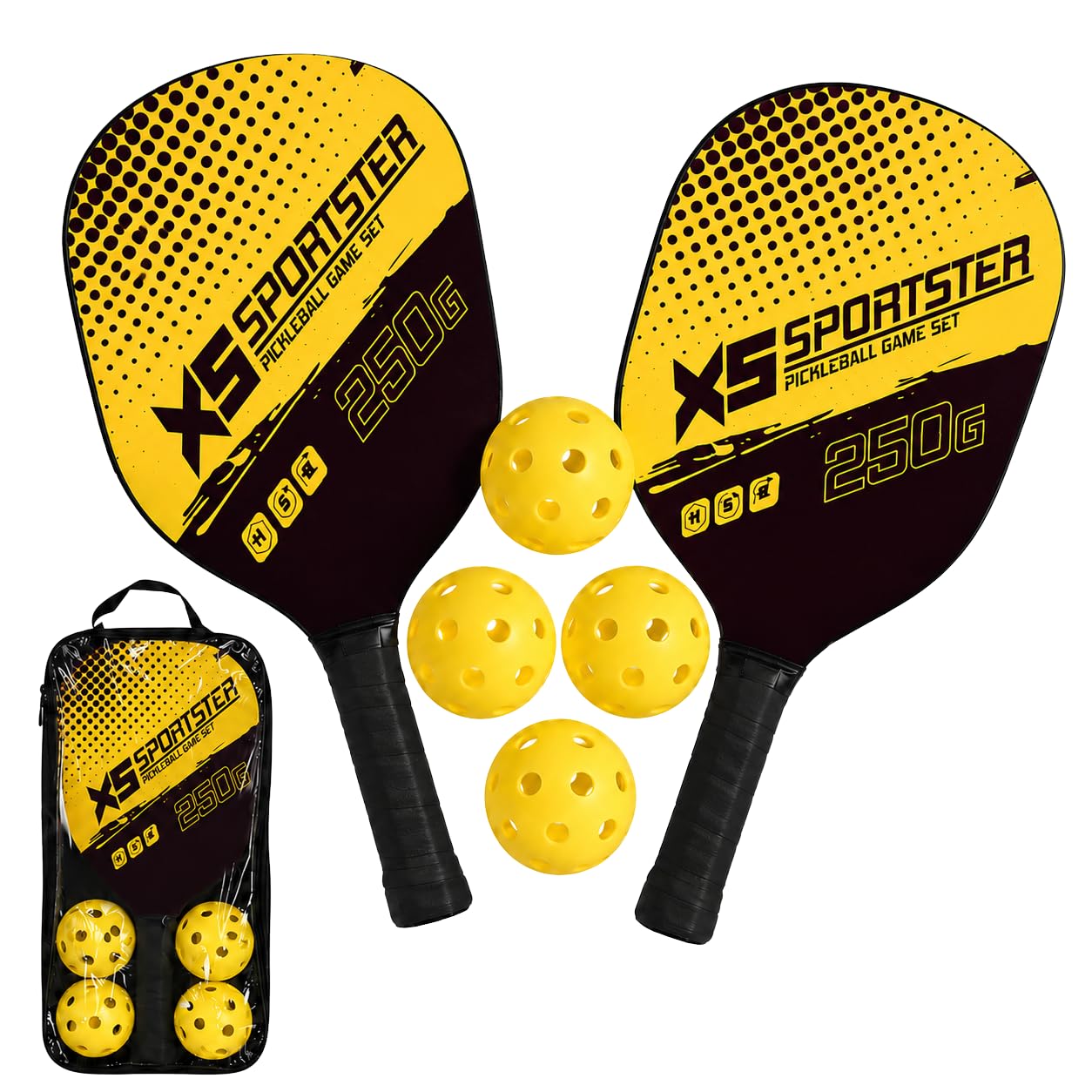 morex pickleball racket set [ 2 rackets + 4 balls ] | wooden pickle ball racket with non-slip grip | lightweight & durable pickleball paddles set for kids & adults | outdoor sports game (yellow)