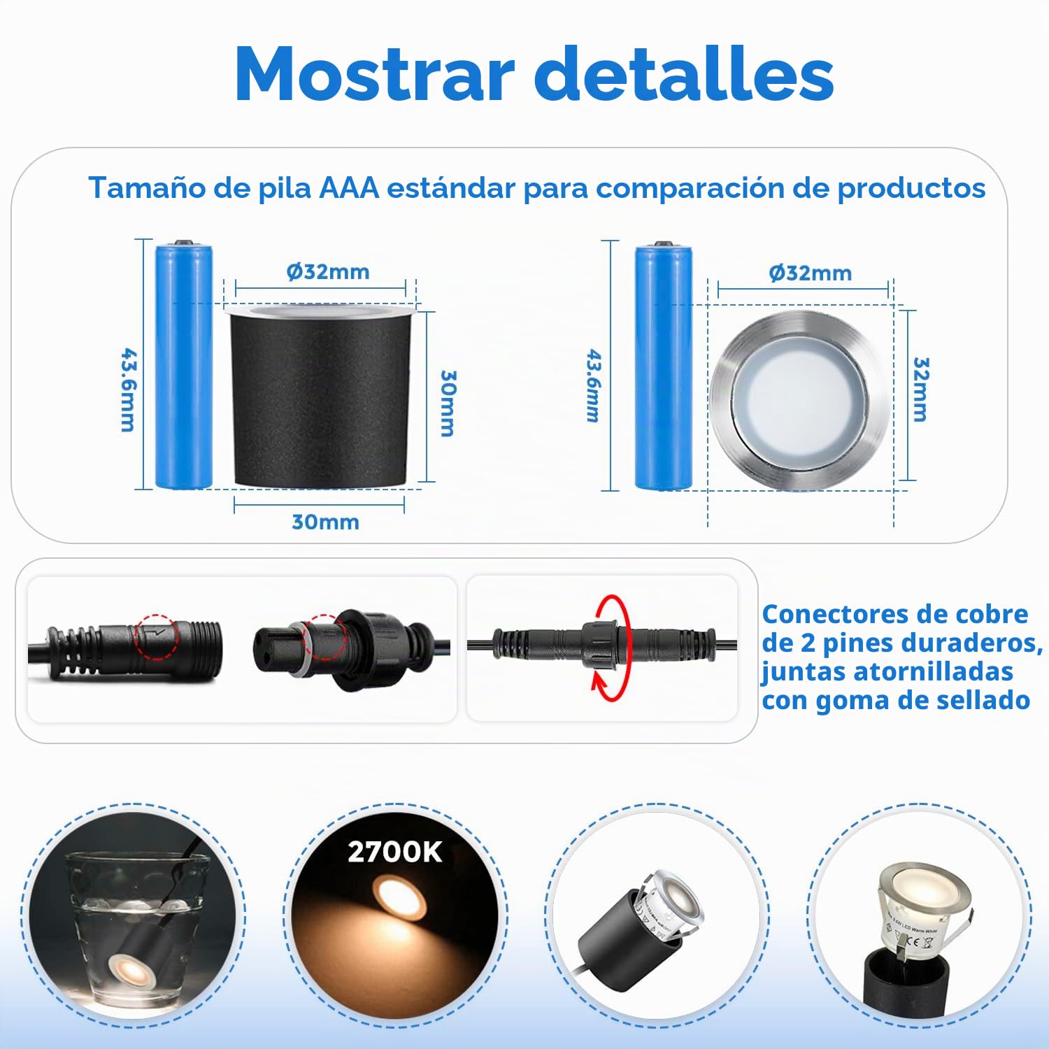 Arotelicht juego de 16 unidades Foco LED empotrable de 12V,Suelo Led, IP67, resistente al agua,2800K,color blanco cálido,0.6W, diámetro de 32mm, para terraza, cocina, jardín, luz decorativa de