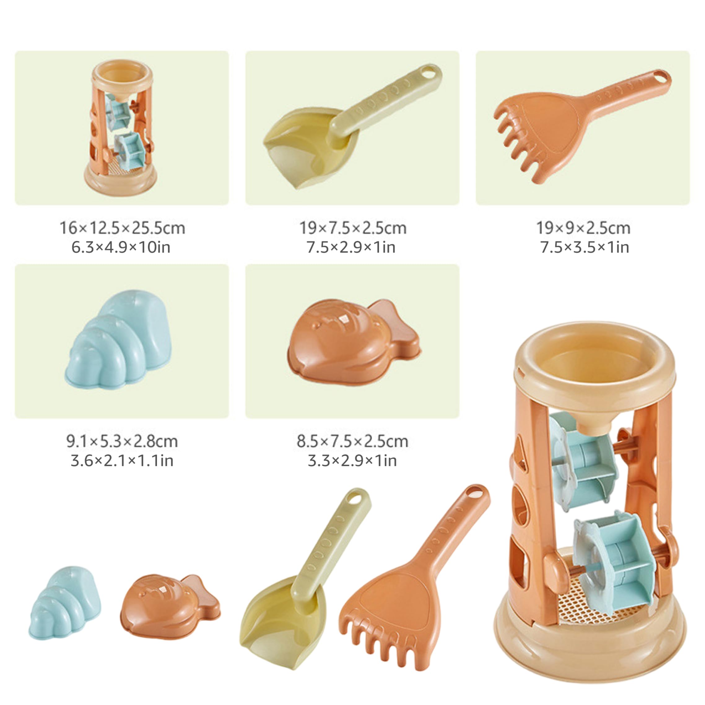 Giochi con sabbiera, 19 Pezzi: Set Giochi con Sabbia - Giocattolo da Spiaggia per Bambini da 1 a 3 Anni con Carrello, Clessidra, stampi e Pale, Colore Cammello