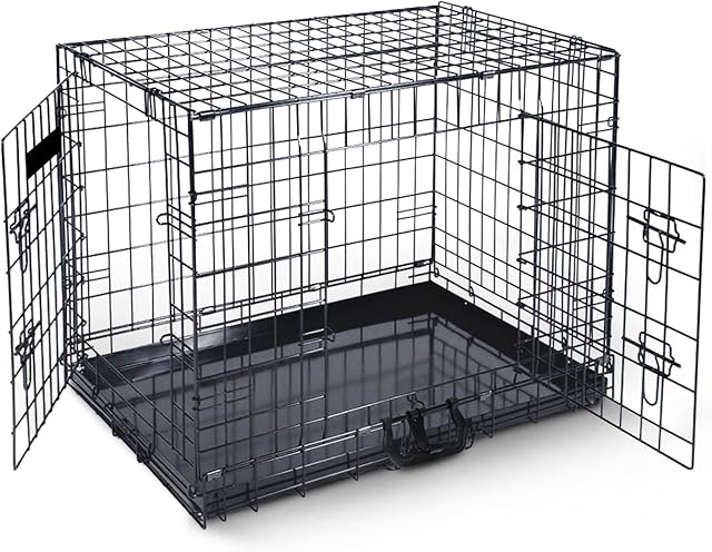 24in Dog Cage Crate Pet Black Metal Folding Cage with 2 Doors (Front & Side) with Chew Resistant Plastic Base Tray and Carrier Handle Heavy Duty Box Perfect for Puppy Training (Small)