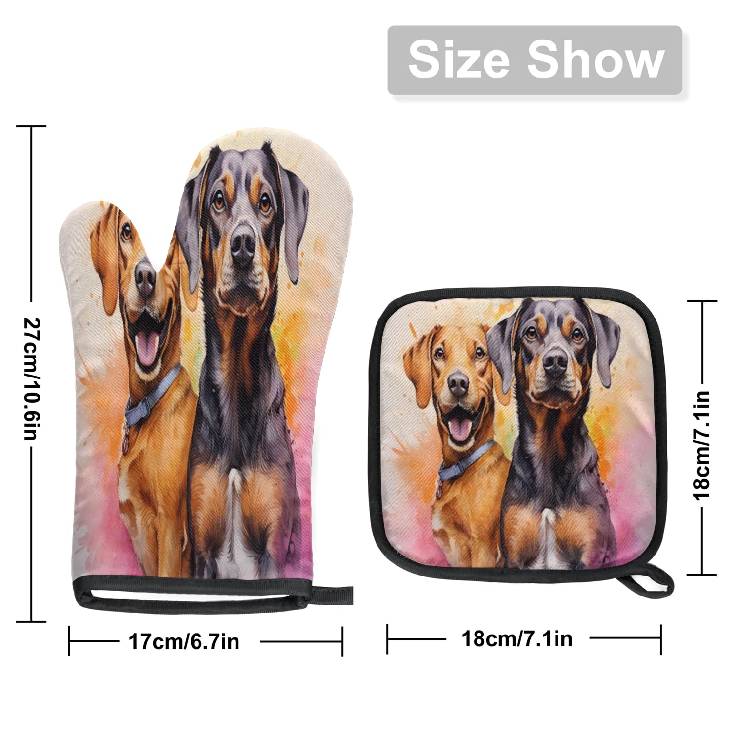 Dogs Watercolor Oven Mitts Kitchen Oven Gloves for Cooking Baking Heat Proof Lining Cotton Kitchen Potholder Mittens Pot Holders Hot Pads for Chef Women Men