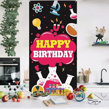 Science Happy Birthday Black Banner Backdrop Background Photo Booth Props Chemistry Theme Decor for School Laboratory Boy Girl Birthday Party Favors Supplies Decorations