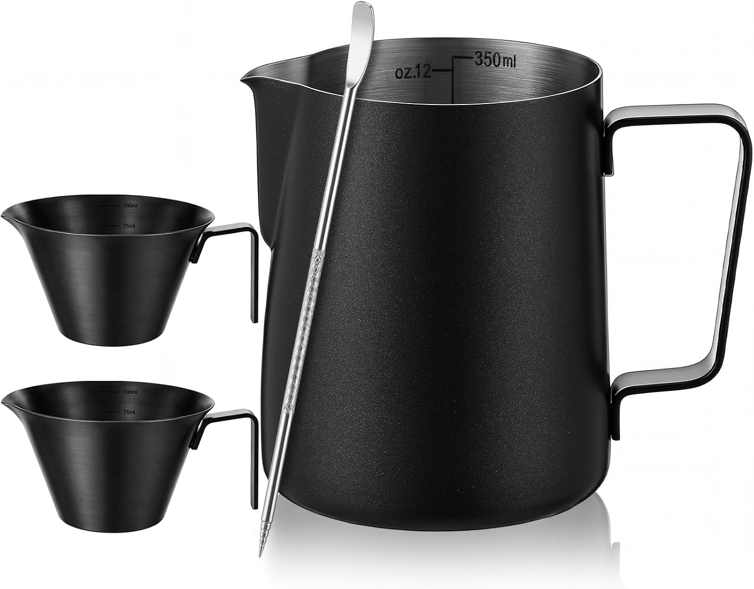 4 Pcs Espresso Accessories Kit with Espresso Cups with Handle, Milk Frothing Pitcher and Latte Art Pen Stainless Steel Cappuccino Machine Accessories for Coffee Bar(Silver,100ml, 350ml)