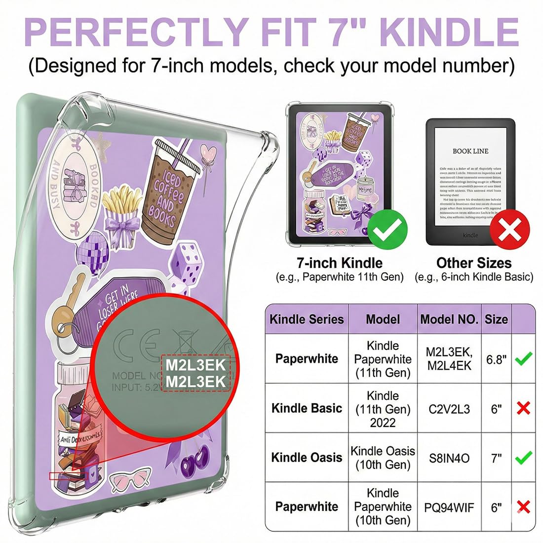 Custodia Kindle 7 Pollici, Silicone Trasparente Anti-Scratch, Per 12ª Generazione 2024 & Paperwhite 6/KPW6/K12 2024, Con Carte Retro di Lettura Viola