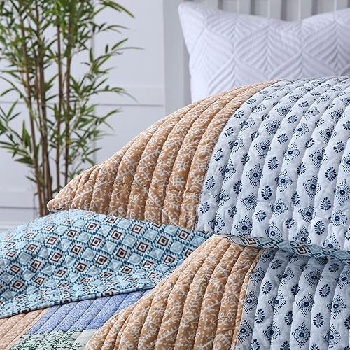 Miniatura 5 de Autumn Dream Juego de colcha de algodón reversible, juego de ropa de cama reversible, colcha de retazos florales vintage rojo y azul, tamaño King