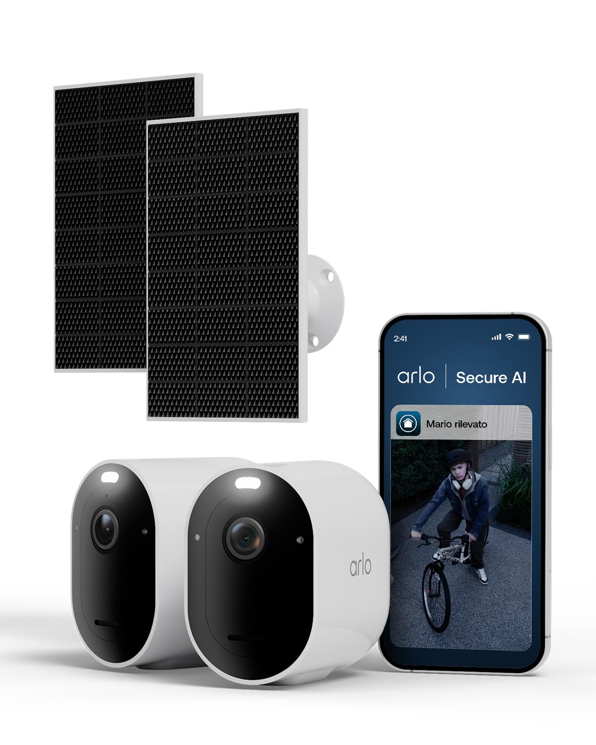 Arlo Pro 6 Telecamera WiFi Esterno Senza Fili, 2K+ HDR, Rilevamento AI, Visione Notturna a Colori, Compatibile con Alexa, Prova Inclusa Secure, 2 Telecamere + 2 Pannelli Solari