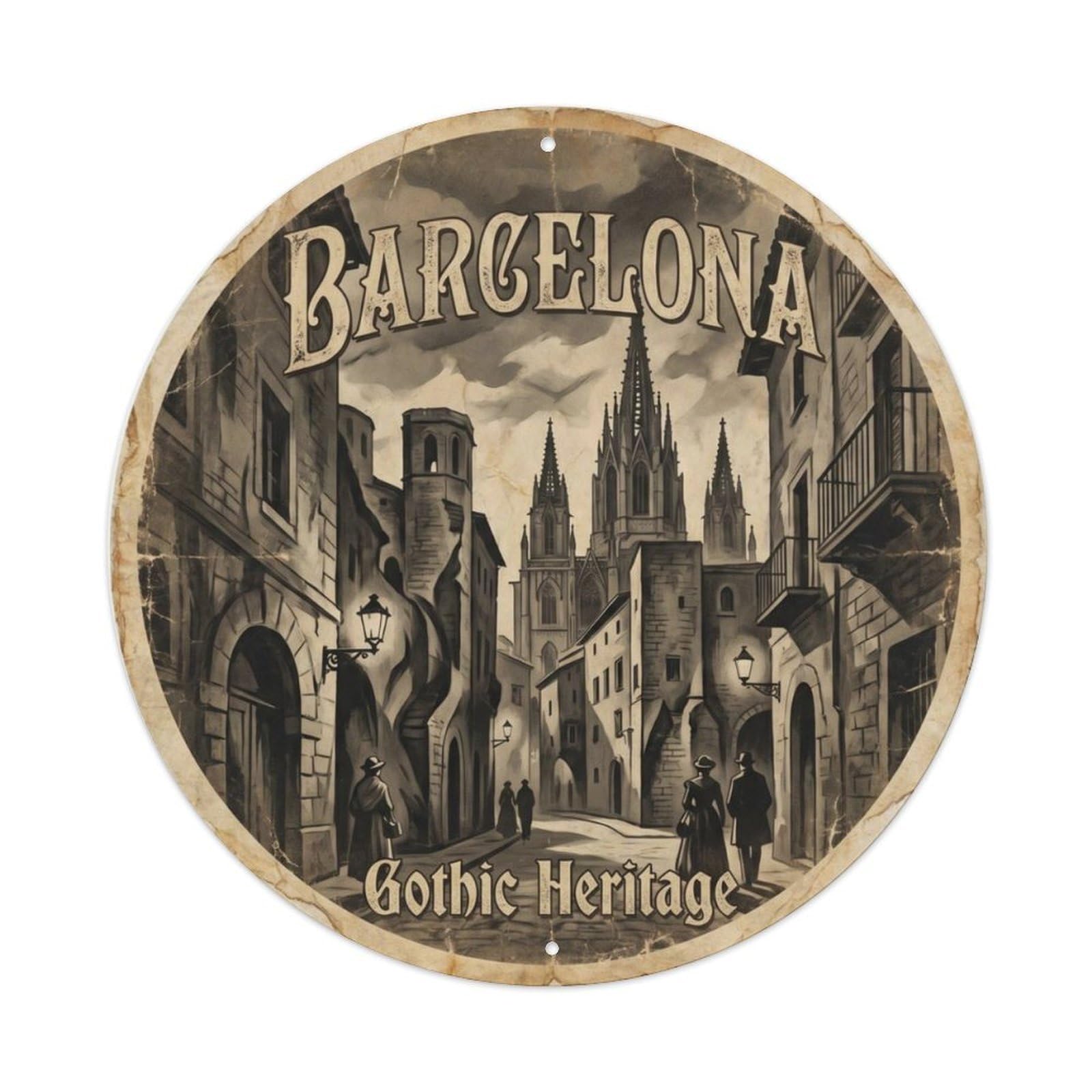 Vintage Travel Gothic Barcelona Quarter Metal Tin Sign Plaque Wall Decor for Cafe, Club, Garden Round Metal Poster 8x8Inch