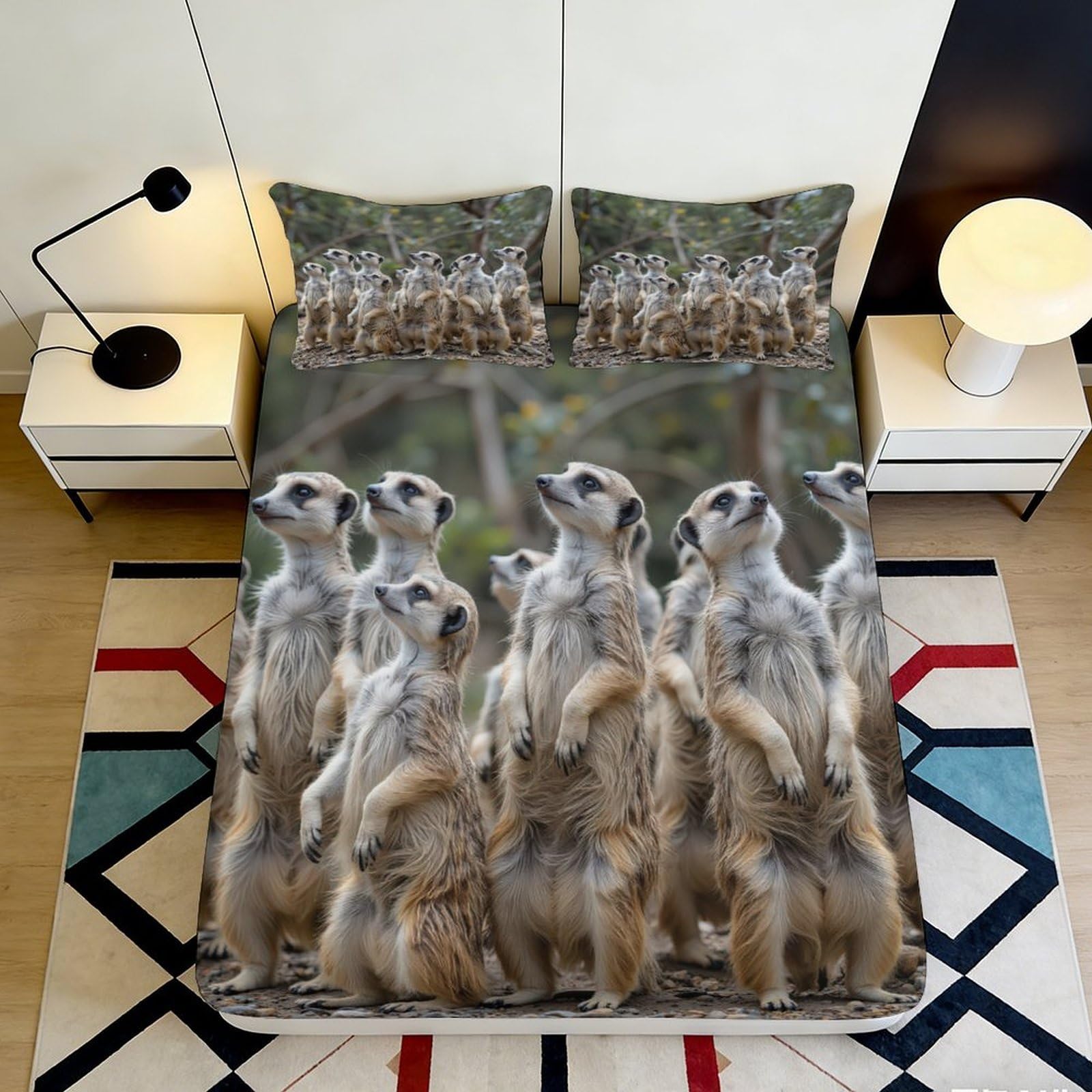3D Printed Meerkat Group Fitted Sheet Microfiber Soft Animal Wildlife Bed Cover for Bedroom Dorm Mattress Protection Decor 90x200x25cm