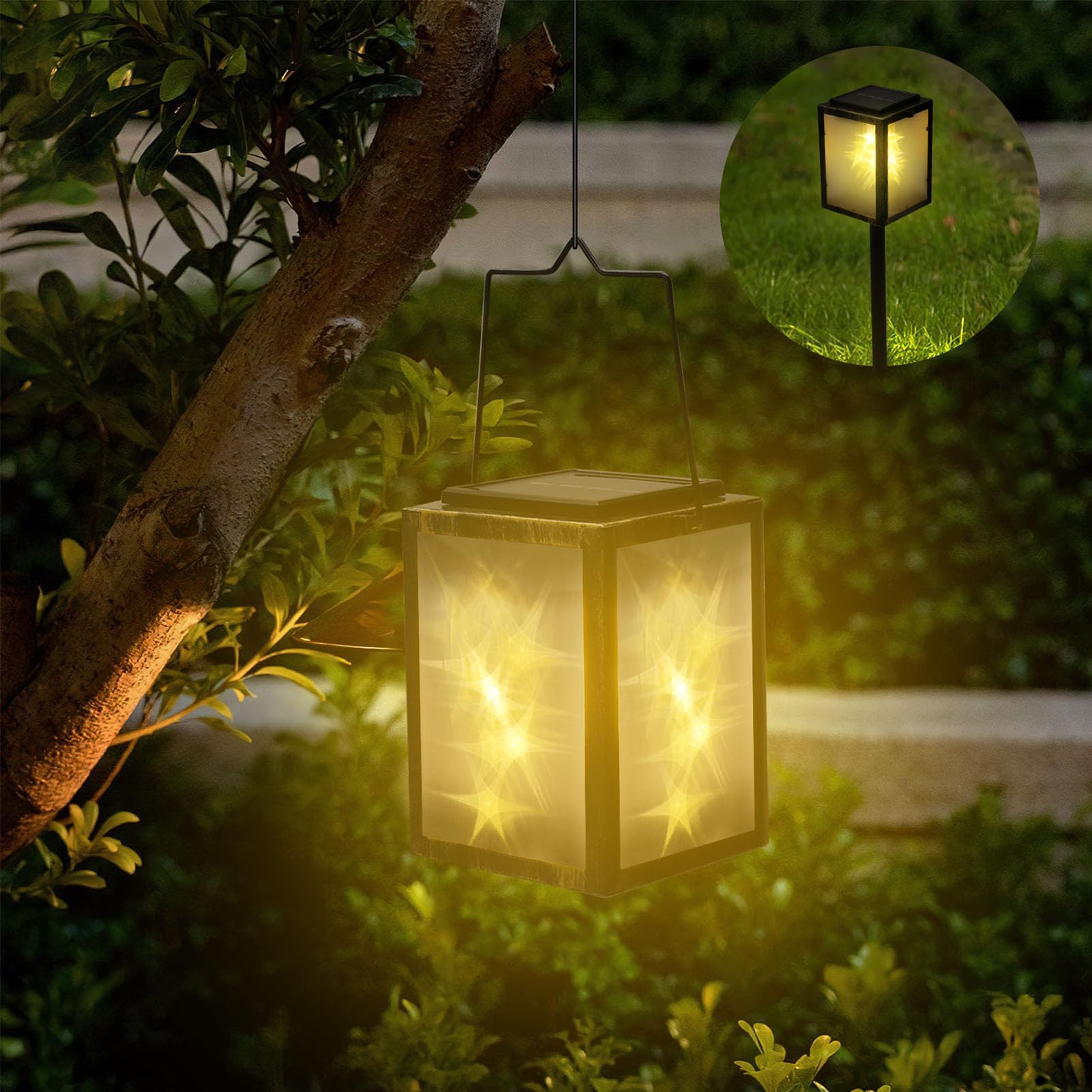 Yosoo Health Gear Lanterna Solare da Esterno, 2 Pezzi, in Ferro, ABS, 3D, Luce Calda Tremolante, IP54, USB e Ricaricabile Tramite Energia Solare, Autonomia da 8 a 12 Ore, per Giardino, Patio,