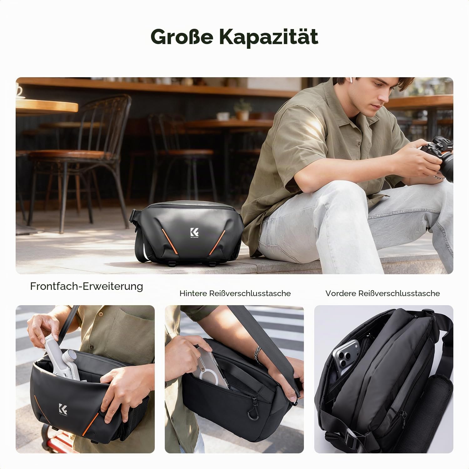 K&F CONCEPT Kameratasche, Fototasche mit halb offener Fronttasche | Schultertasche Kompatibel mit Kameras und Objektiven, Umhängetasche für SLR spiegellose Kamera, Schwarz