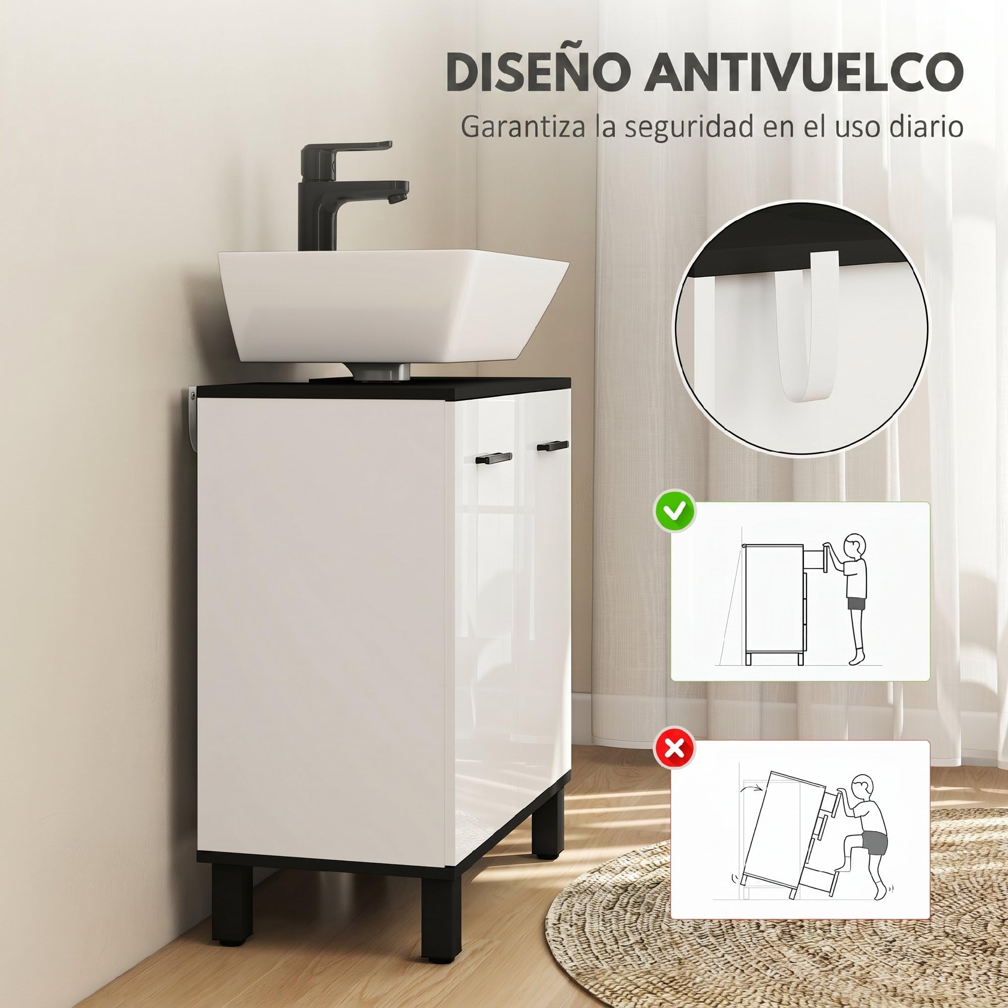 HOMCOM Mueble Bajo Lavabo, Mueble de Baño Compacto con Estante Ajustable, 2 Puertas, Estilo Moderno, para Lavabo con o sin Pedestal, 60x34x70 cm, Blanco Brillo