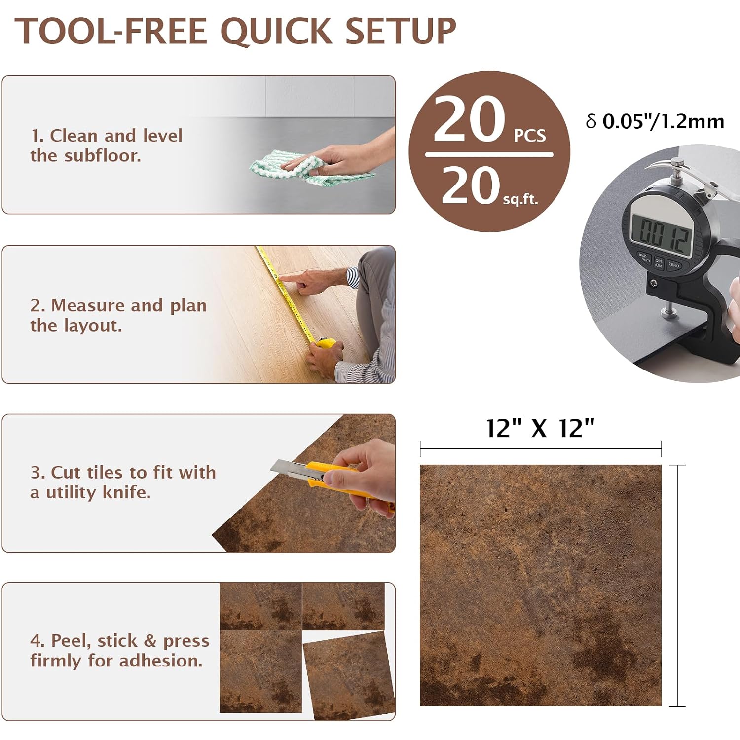 Peel and Stick Floor Tile, 20 PCS 12" x 12" Waterproof Marble Texture Luxury Vinyl Tiles, Easy DIY Self Adhesive Vinyl Flooring for Bathroom, Kitchen, Living Room, Rust Granite