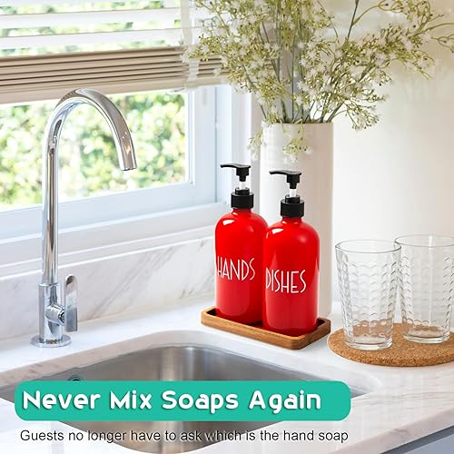 Miniatura 2 de ALELION Dispensador de Jabón para Platos Rojo para Cocina - Juego de Dispensador de Jabón de Manos de Vidrio de 16 OZ con Bomba y Bandeja de Madera