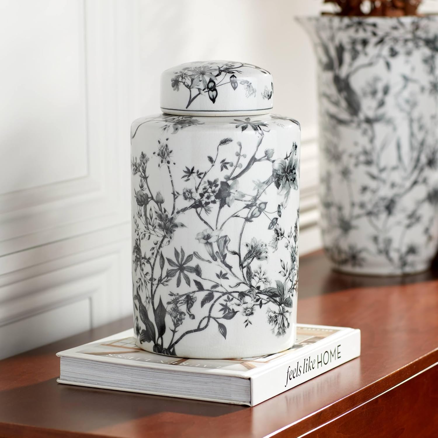 Dahlia Studios Prentiss 12" High Black and White Cottage Core Ceramic Ginger Jar with Lid