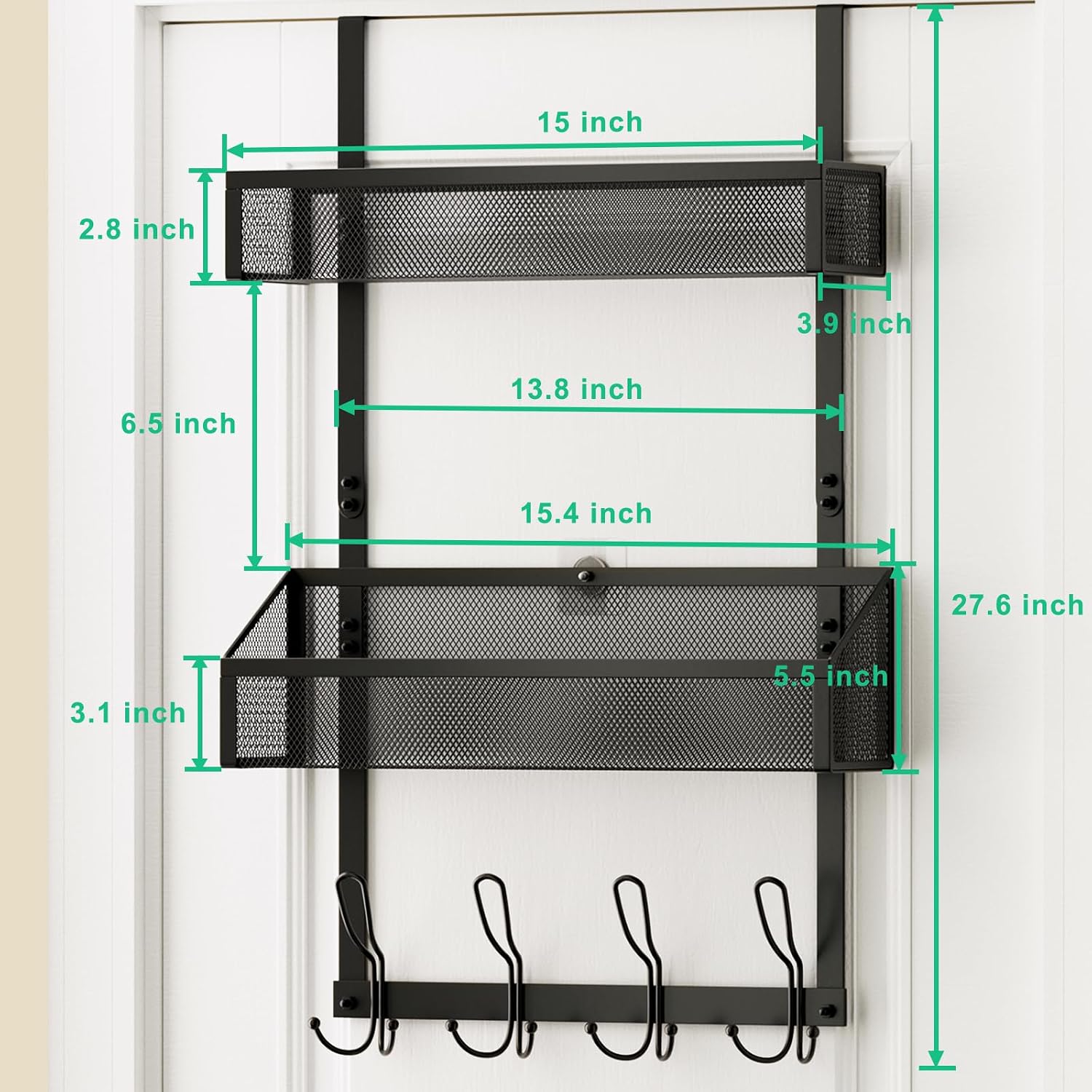 Over The Door Hooks Organizer, Over The Door Shower Caddy, Over The Door Towel Rack Back of Storage with 12 Hooks & 2 Mesh Baskets Door Hanger Organizer for Bathroom,Kitchen,Bedroom(Black)