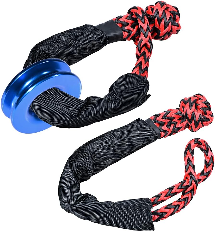 Astra Depot Recovery Snatch Ring + UHMWPE 1/2" Synthetic Soft Shackle Winch Rope with Protective Sleeve for Sailing SUV 4X4 Towing Strap Truck Jeep (2X Shackles + 1X Ring, Red/Black Shackle Blue Ring)